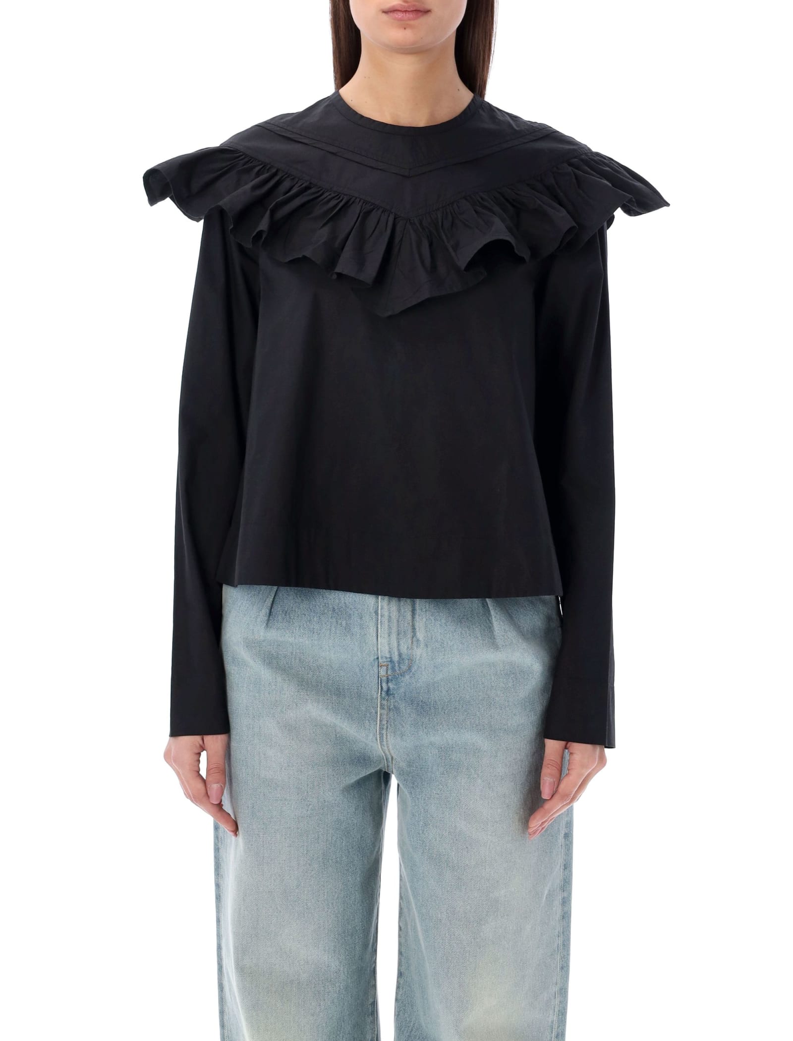 Ganni Long Sleeve Frill Cotton Blouse In Black