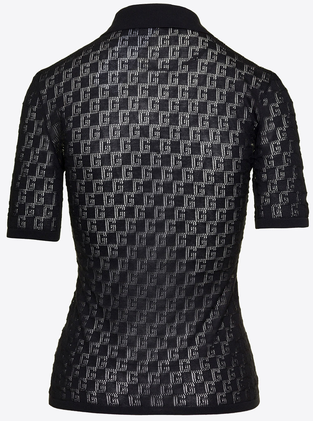 Gucci Black Polo Shirt With Button Closure And Gg Motif In Cotton And Silk Blend Woman In Black