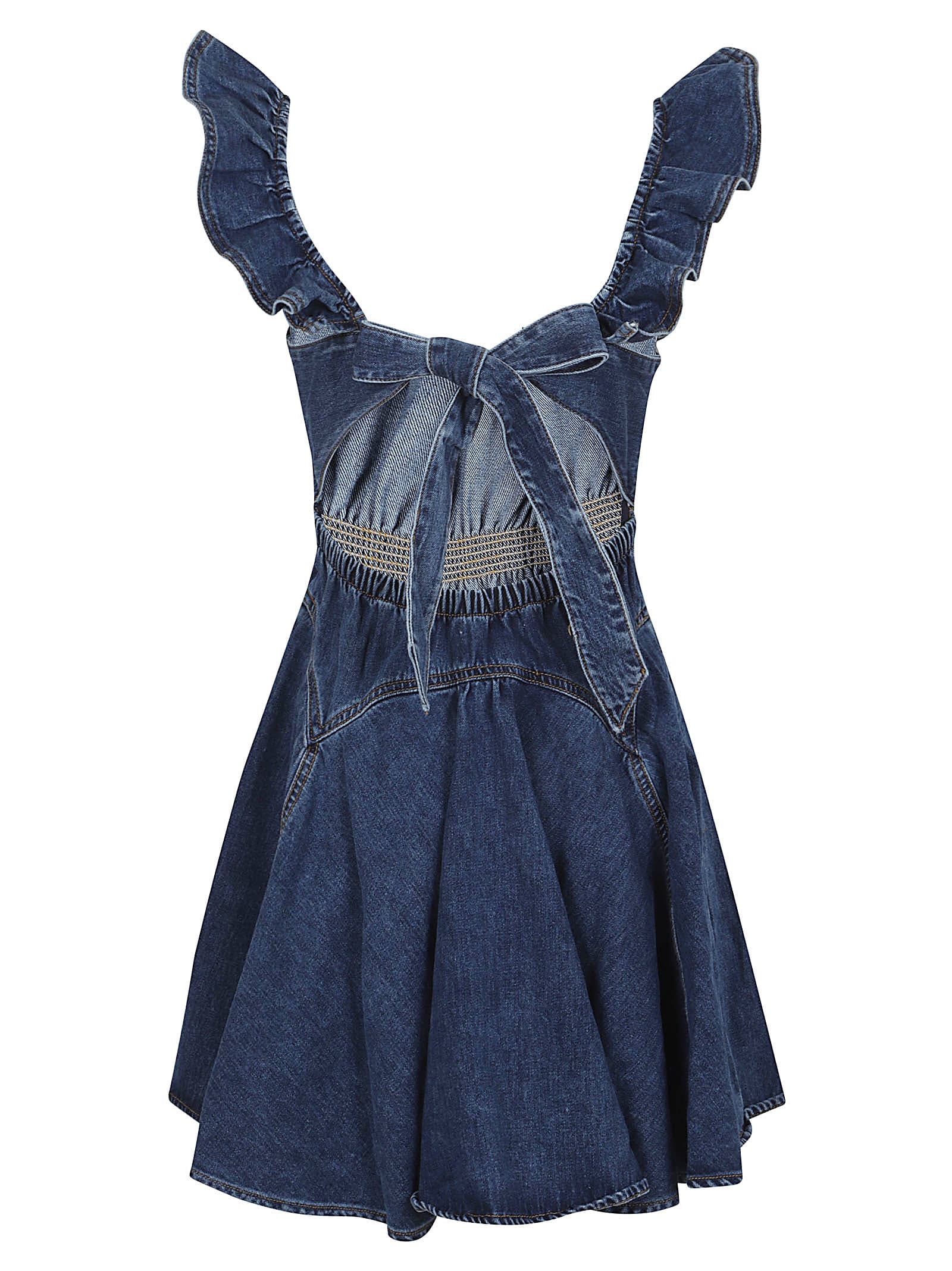 Shop Self-portrait Denim Ruffle Mini Dress In Mid Blue