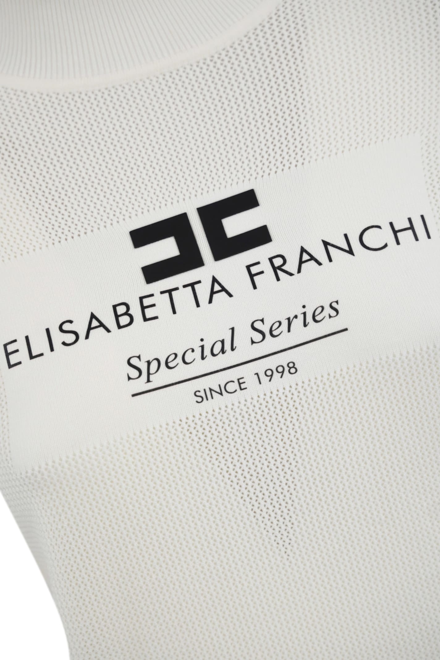 Shop Elisabetta Franchi Turtleneck In Mesh Stitch Viscose Knit With Logo Inlay In Avorio