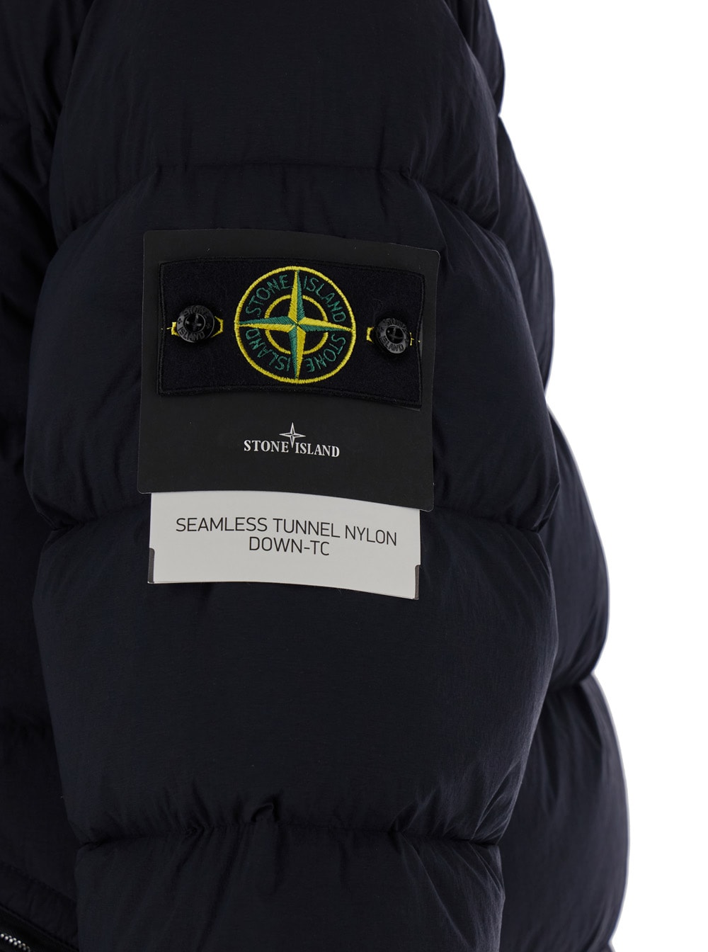 Shop Stone Island Blue High Neck Down Jacket With Zip And Logo Patch In Polyamide Man