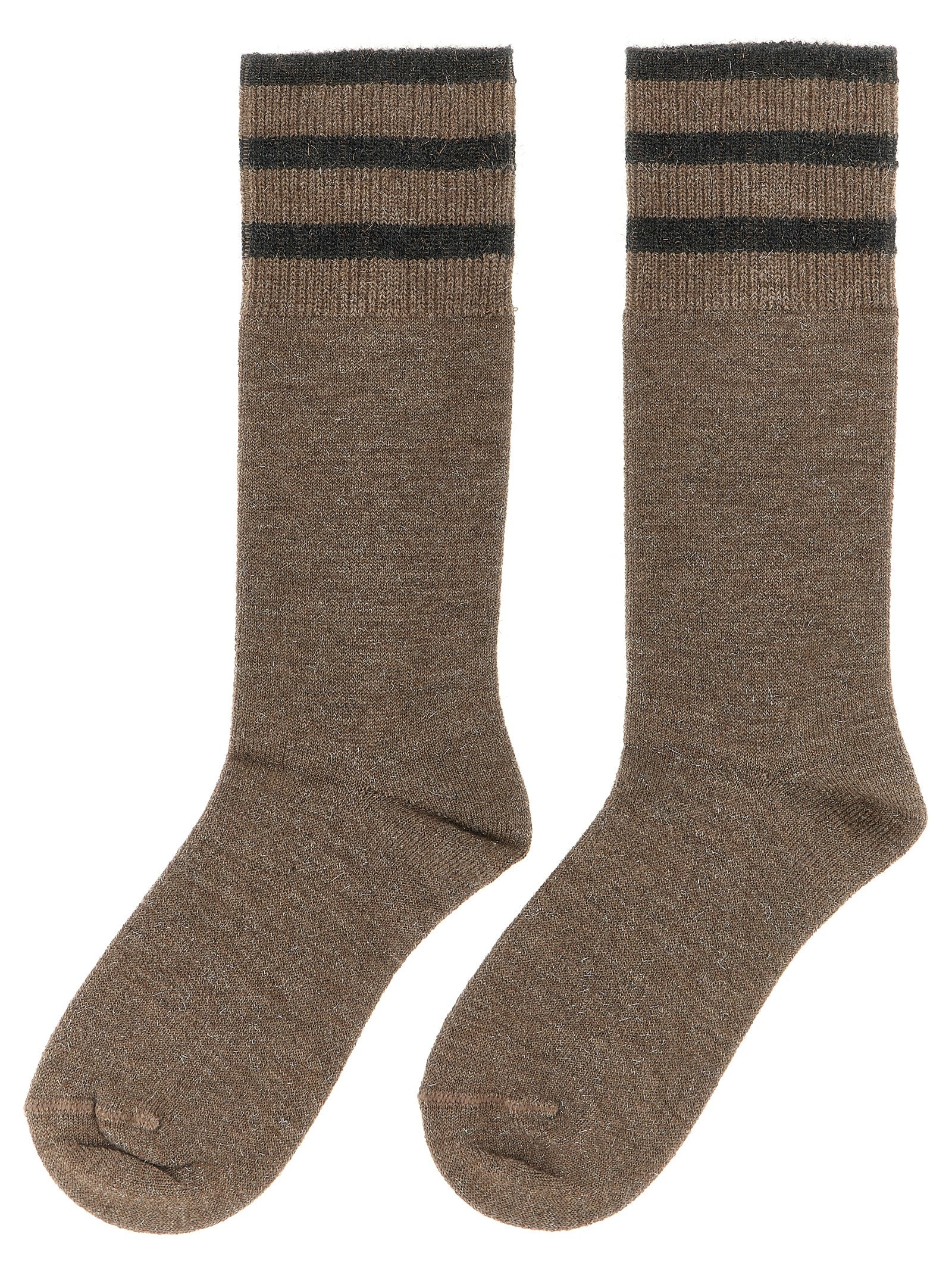 Brunello Cucinelli Shimmering Striped Mid-calf Socks In Brown