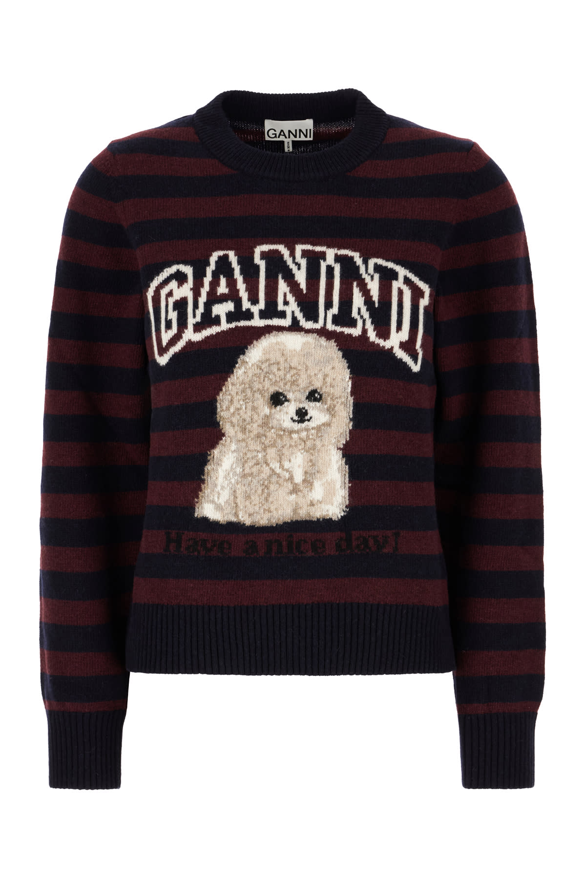 Ganni Graphic Wool Mix Poodle Stripe Crewneck Knitwear Multicolor In Multi