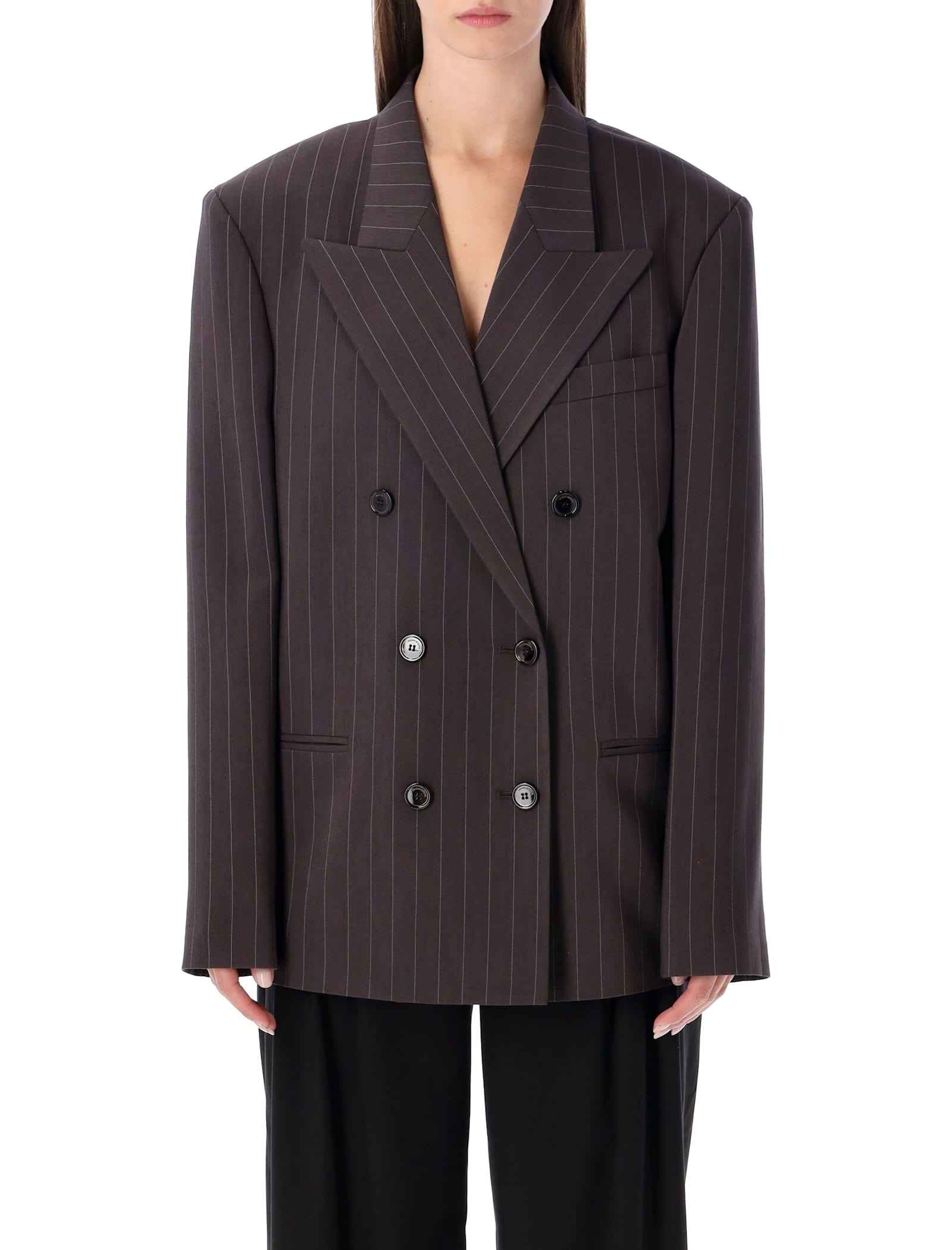 Magda Butrym Double Breasted Pinstripe Front Pocket Jacket In Brown