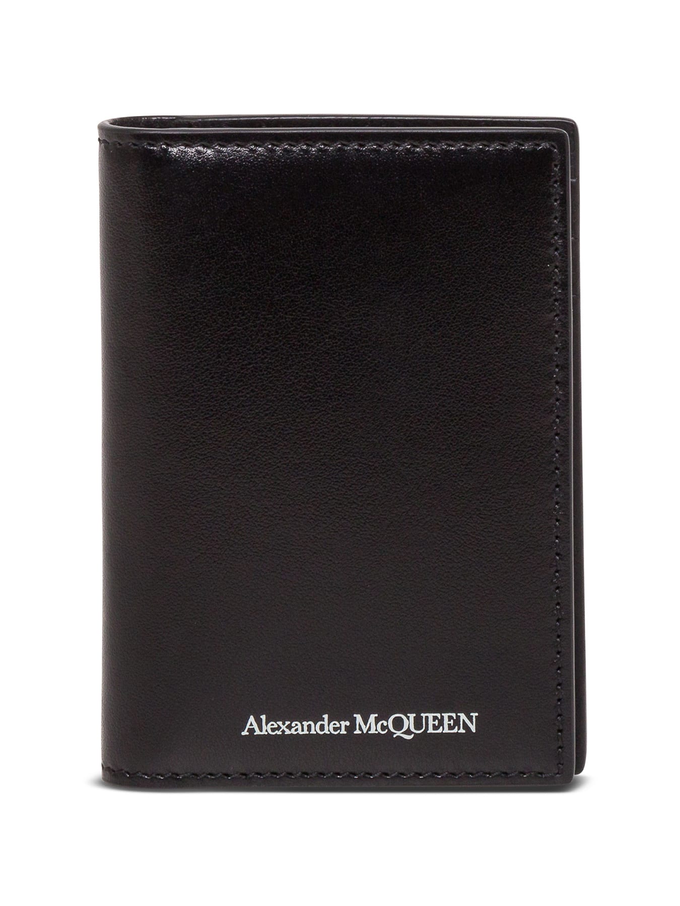 Alexander Mcqueen Mans Bifold Black Leather Card Holder With Logo Print