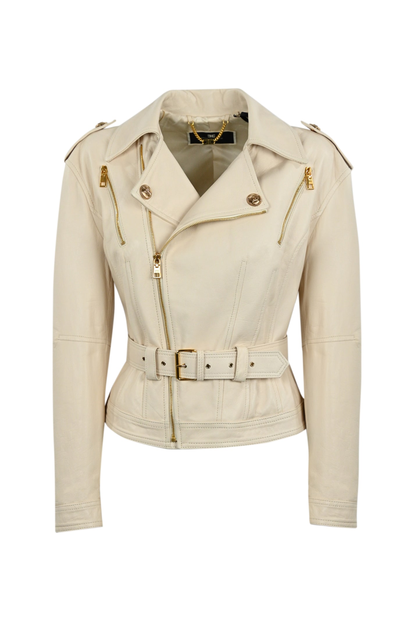 Shop Elisabetta Franchi Leather Biker Jacket With Belt In Burro