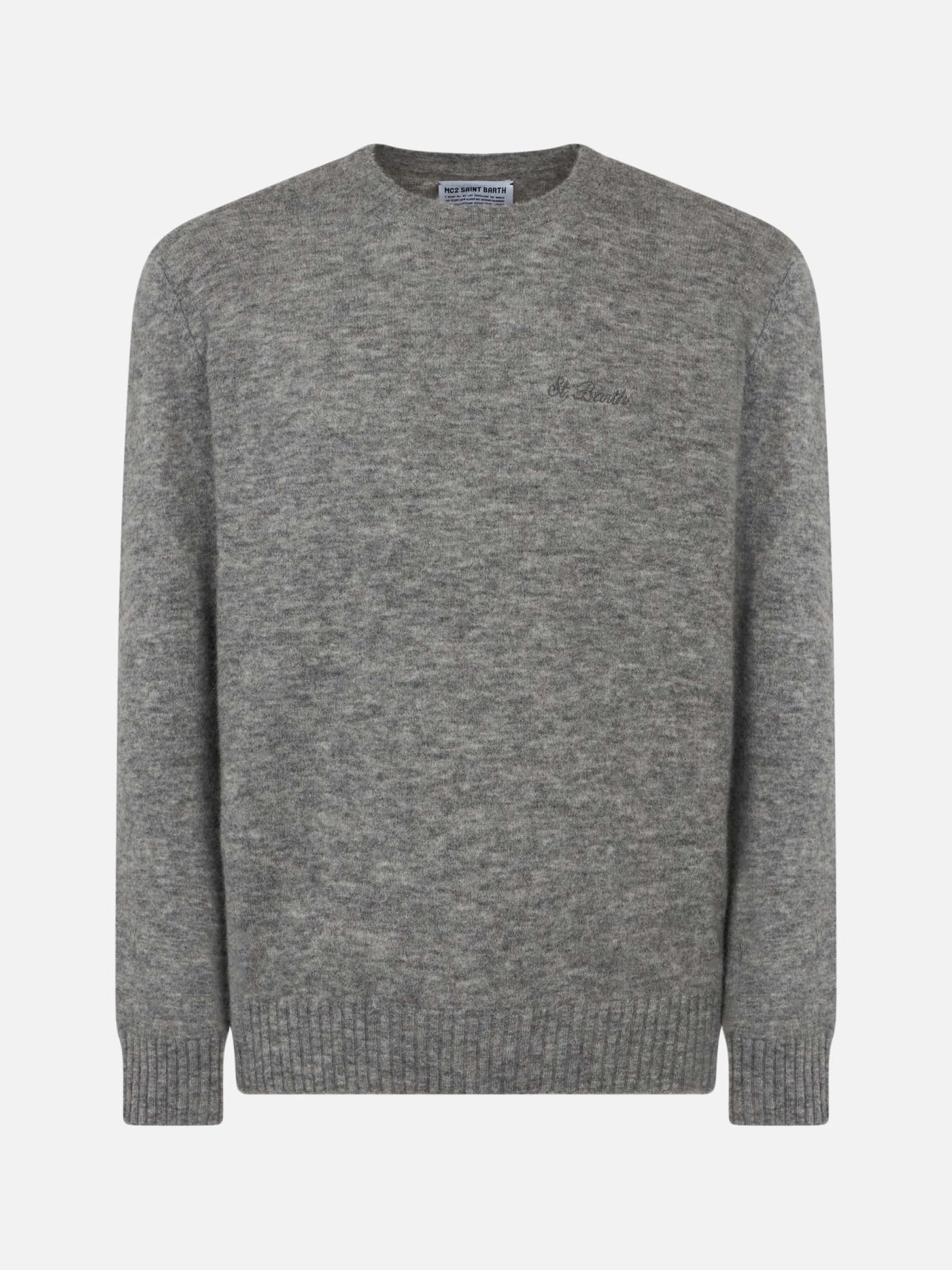 Shop Mc2 Saint Barth Man Grey Mélange Stretch Wool Sweater With St. Barth Embroidery