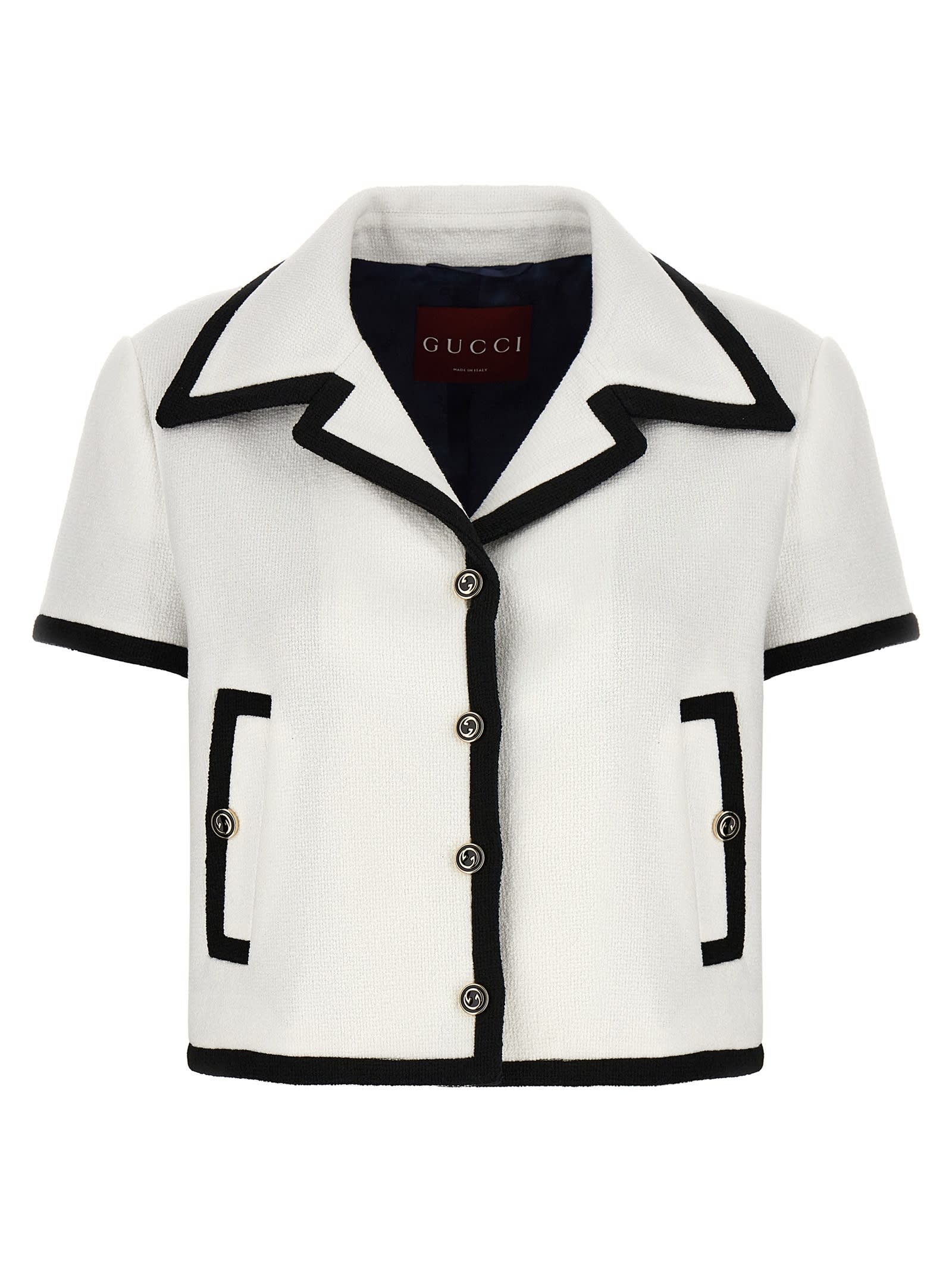 Shop Gucci Tweed Crop Jacket In White/black