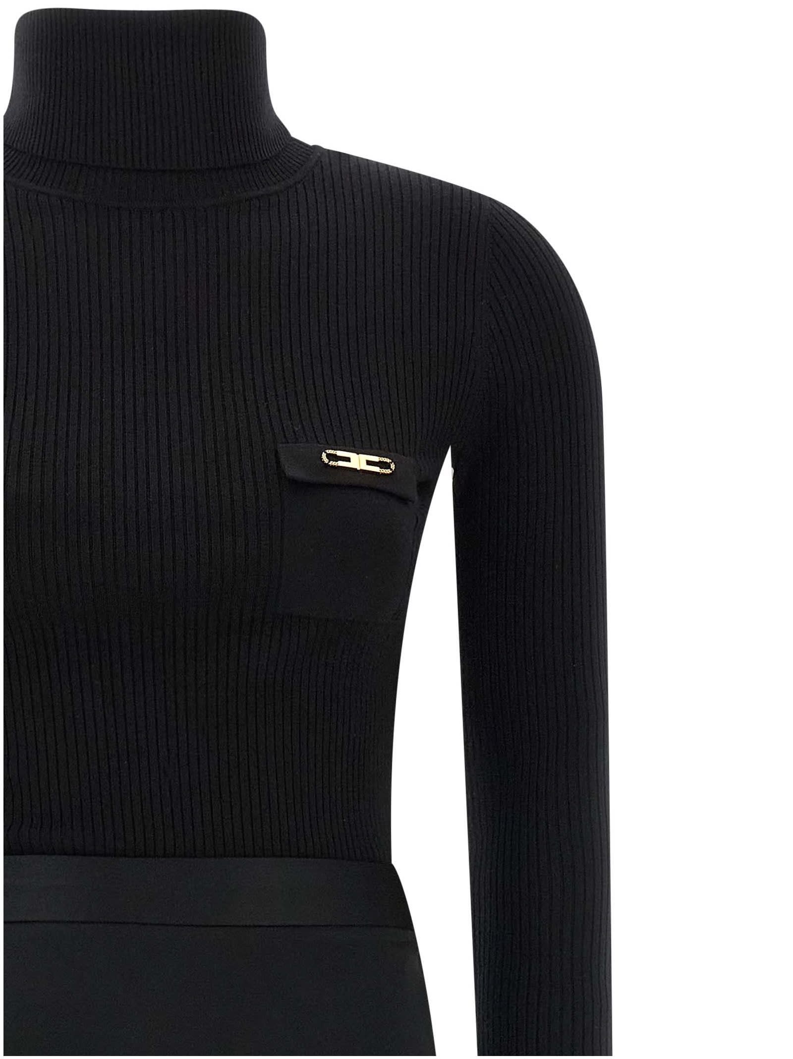 Elisabetta Franchi Ribbed Turtleneck Midi Dress In Black