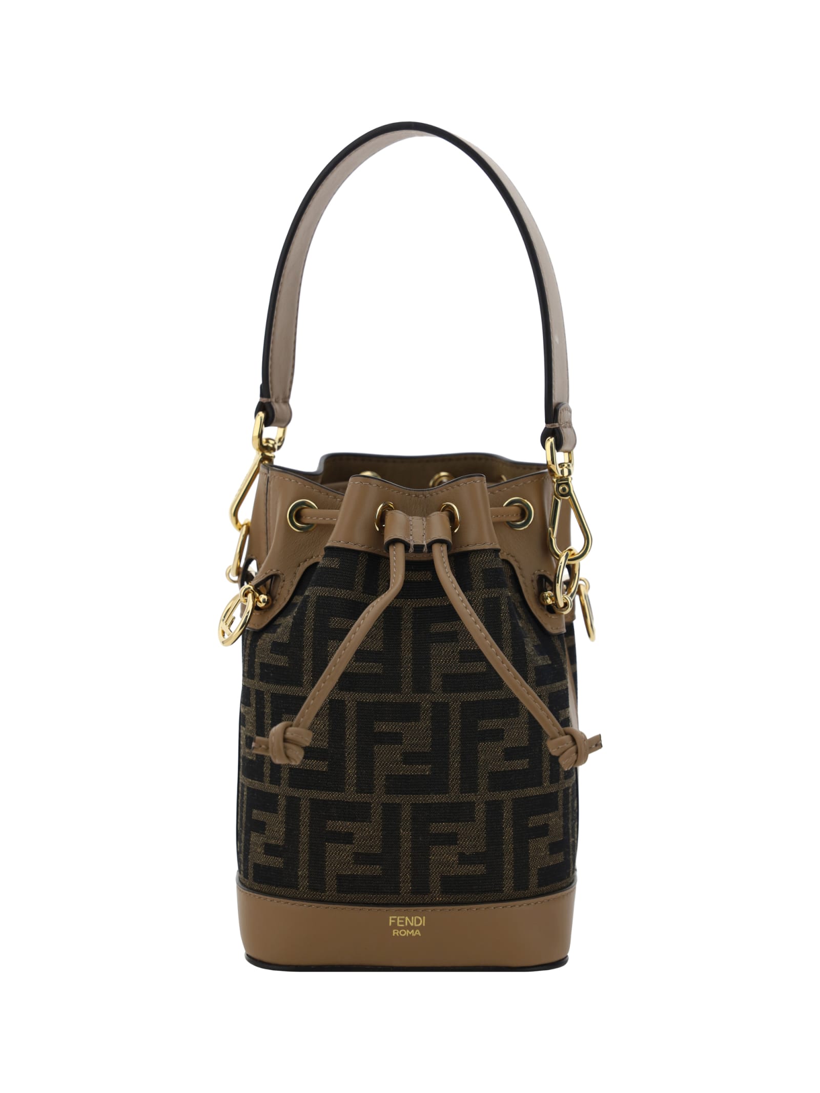 Fendi Women Mini Mon Tresor Ff Jacquard Fabric And Leather Bucket Bag In Brown