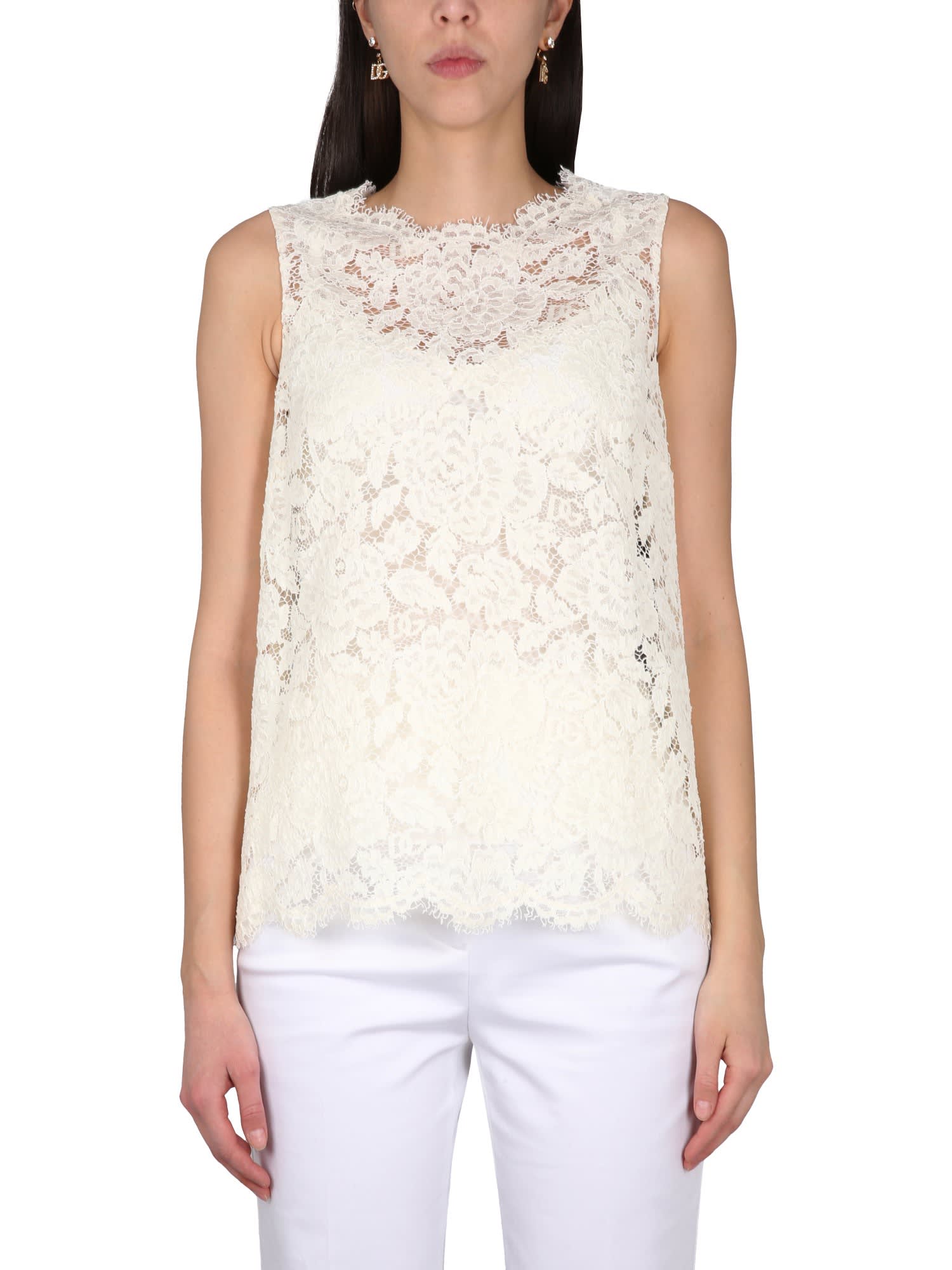 Shop Dolce & Gabbana Logoed Stretch Lace Top