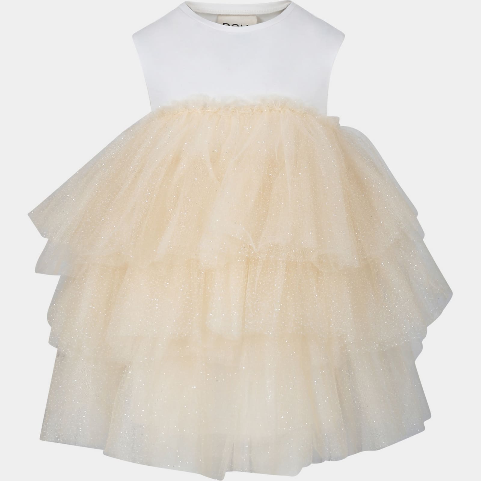 Shop Douuod Beige Dress For Girl With Tulle In Beige Chiaro