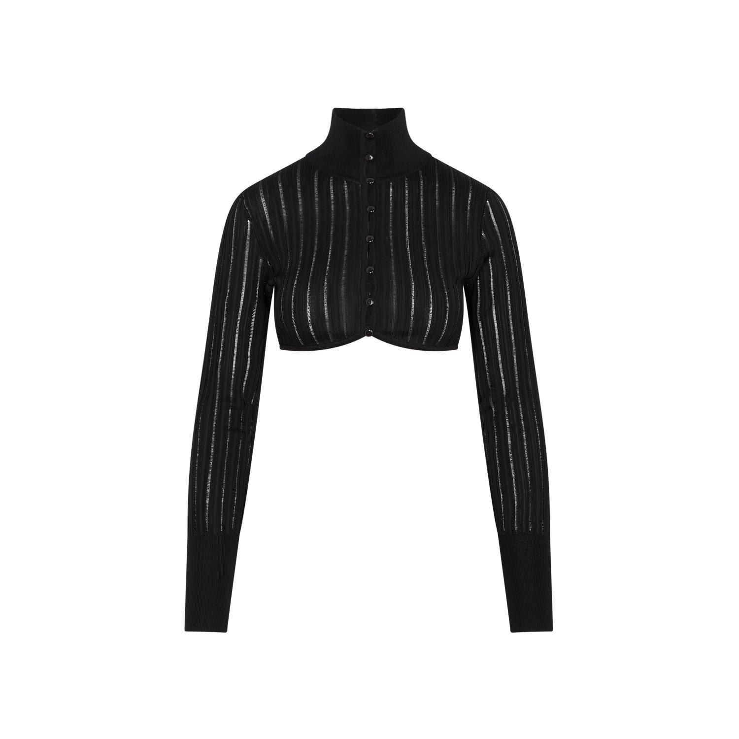 Shop Alaïa Long Sleeved Knitted Cropped Cardigan In Noir Alaia