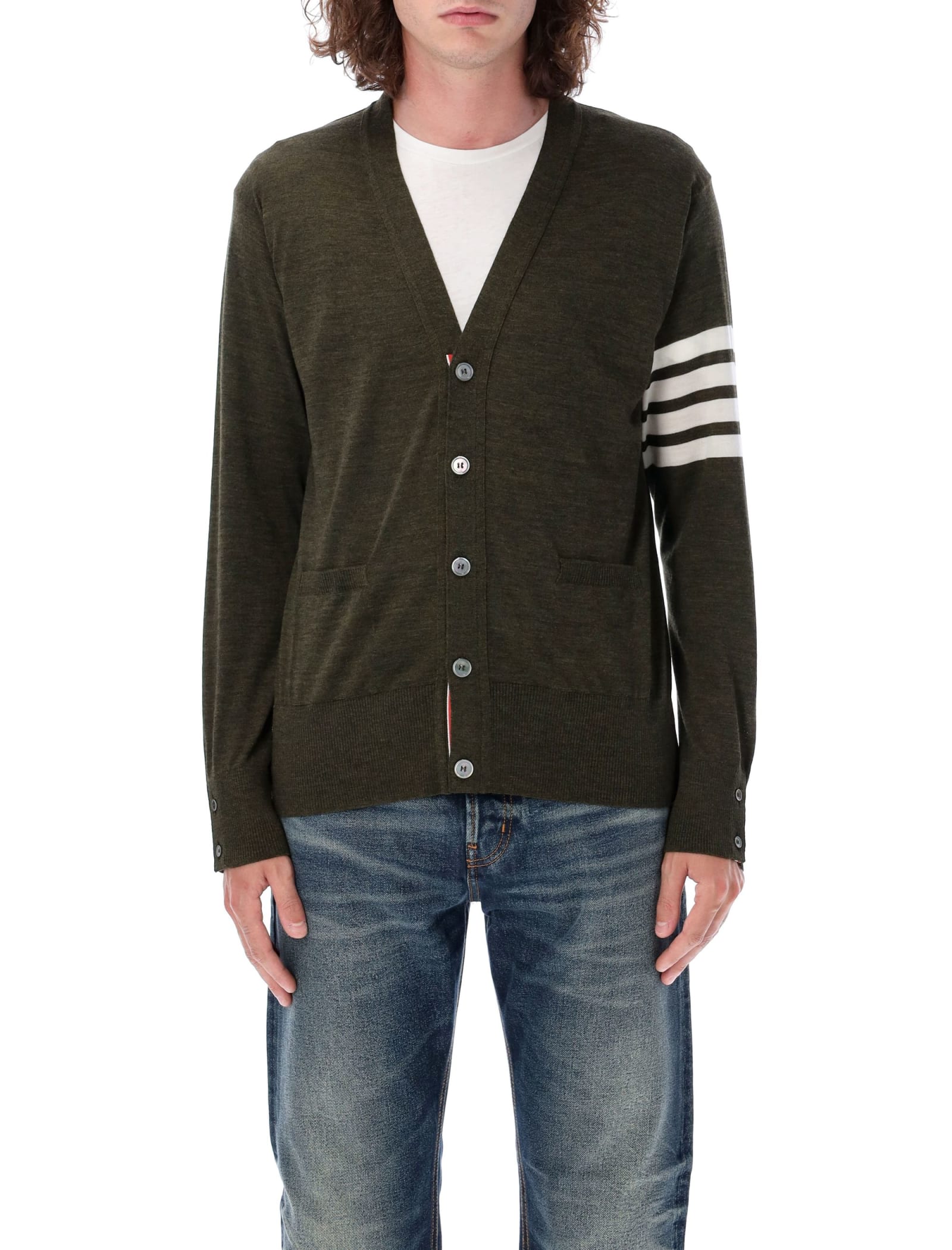 Shop Thom Browne Classic V-neck Cardigan Sustainable In Dk Green