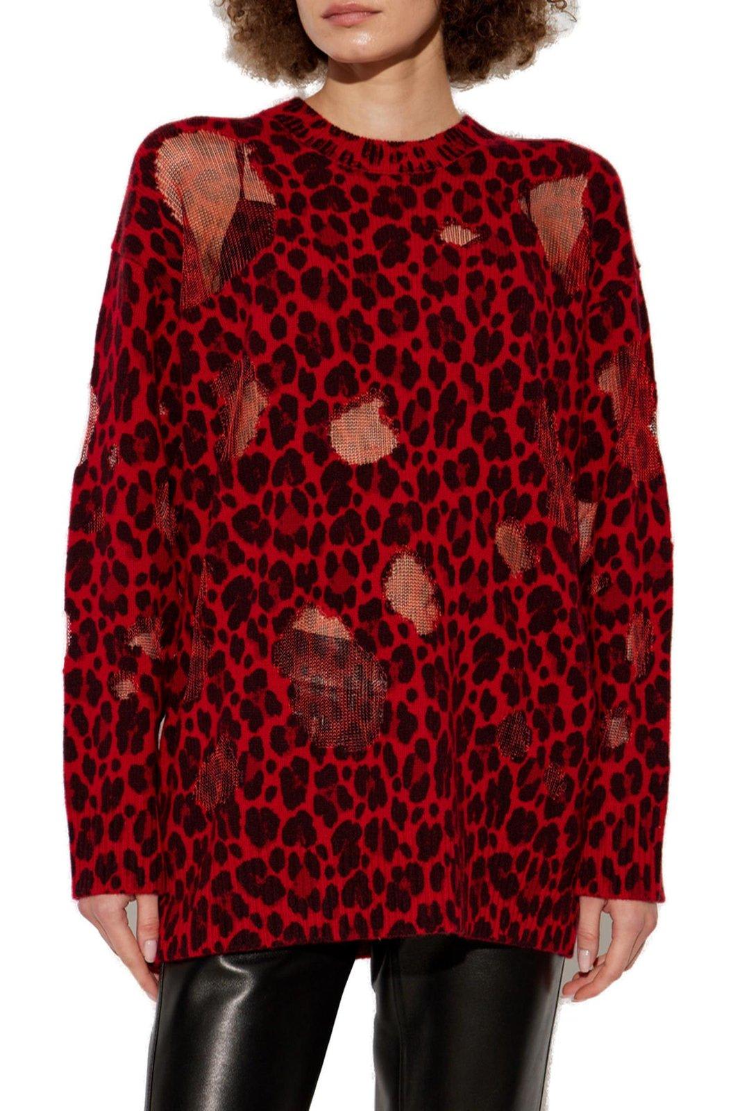 Shop Versace Leopard-printed Semi-sheer Panelled Jumper In Red