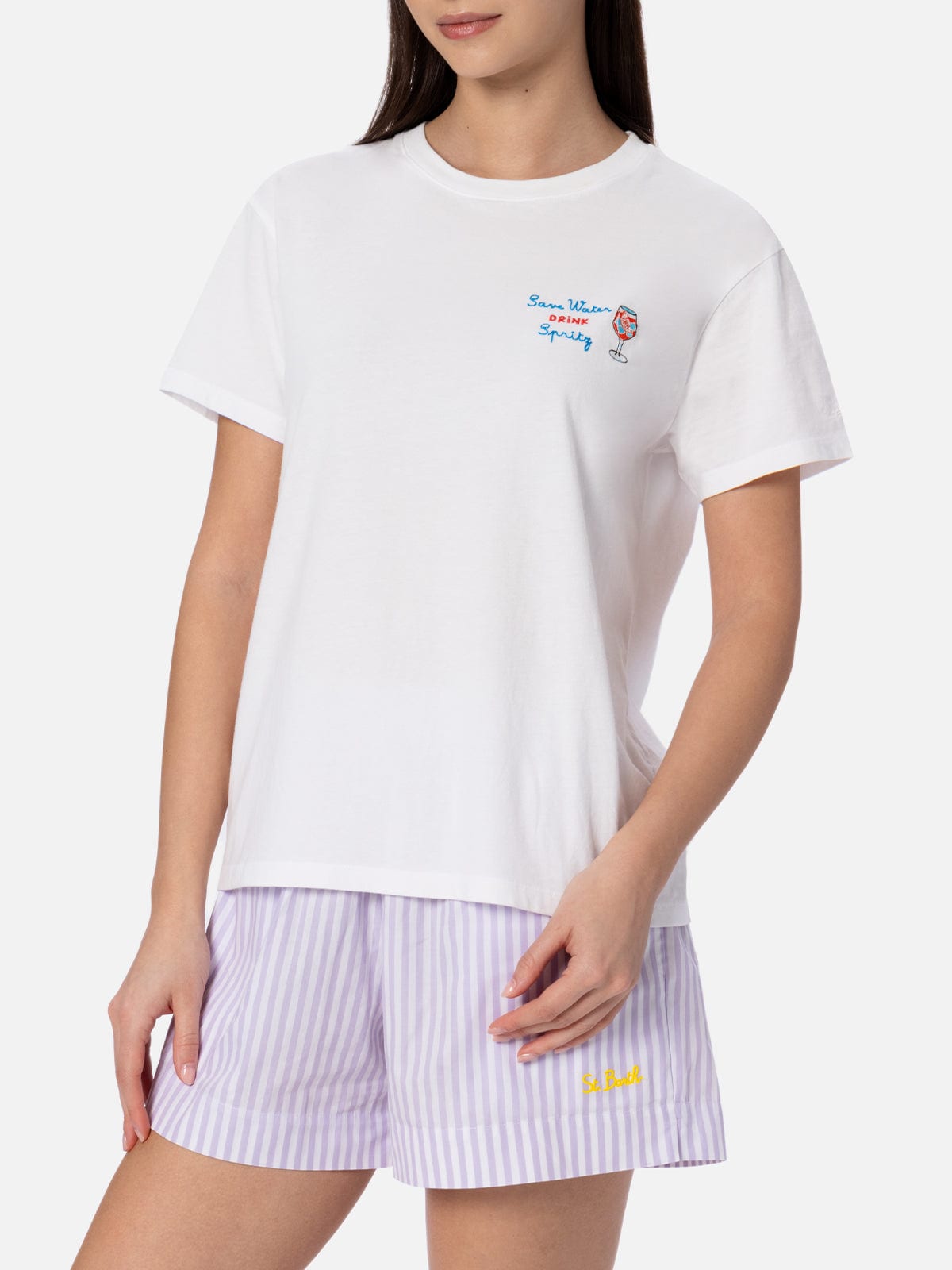 Mc2 Saint Barth Woman Cotton Jersey Crewneck T-shirt Emilie With Save Water, Drink Spritz Embroidery In White