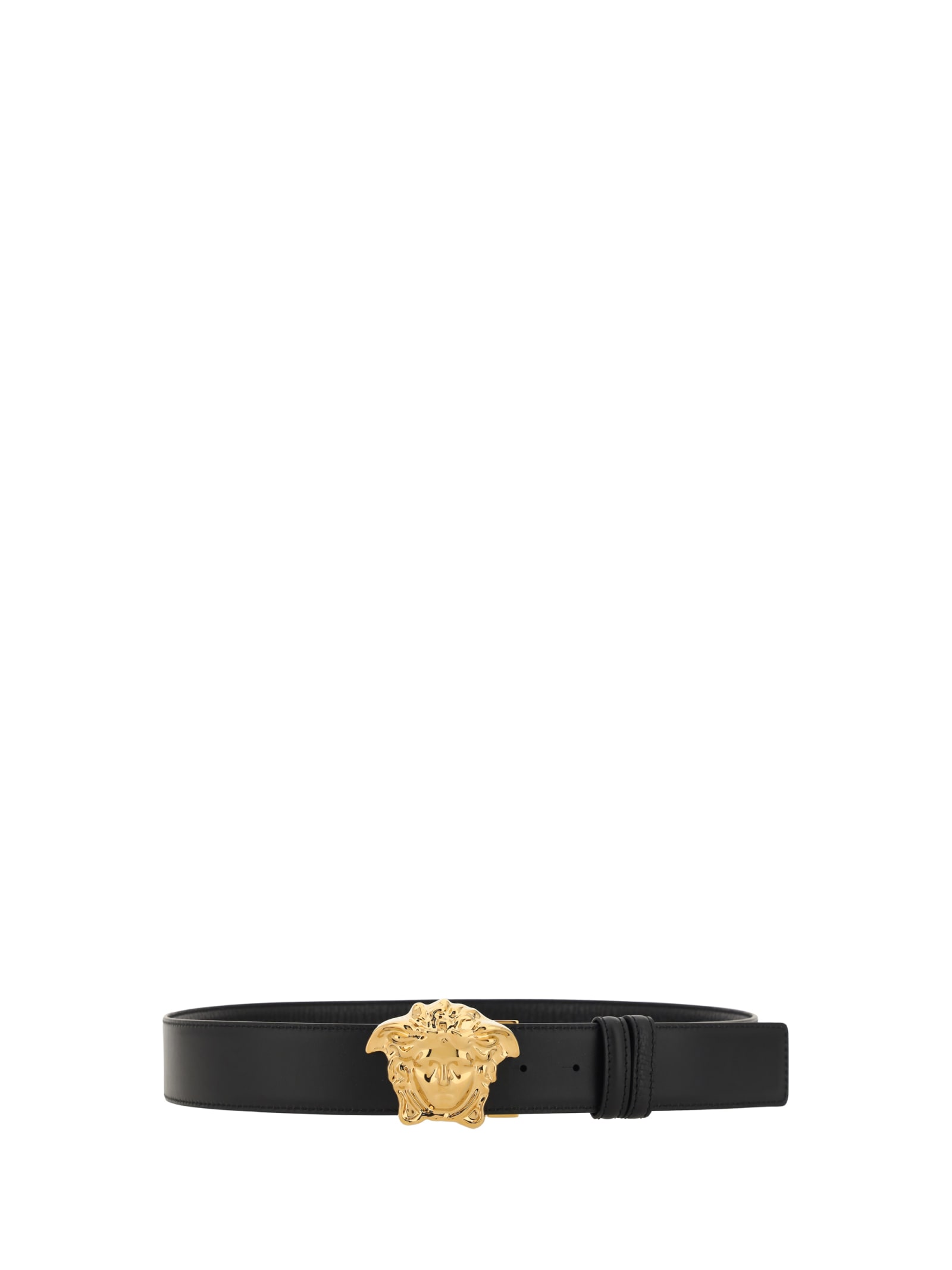 Versace La Medusa Leather Belt Man Belt Black Size 39.5 Calfskin In Nero-oro
