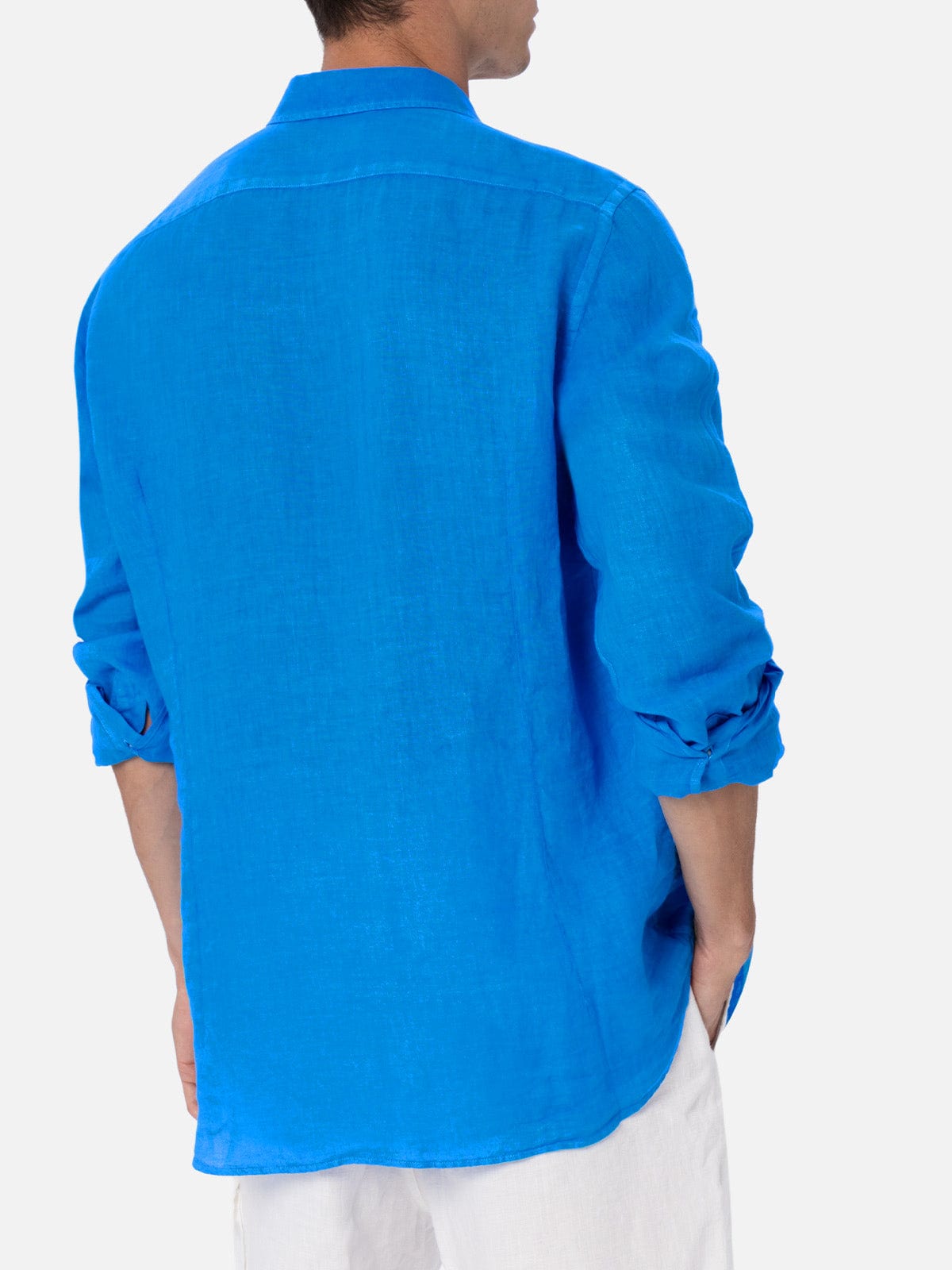 Mc2 Saint Barth Man Watercolor Bluette Linen Shirt Pamplona In Sky