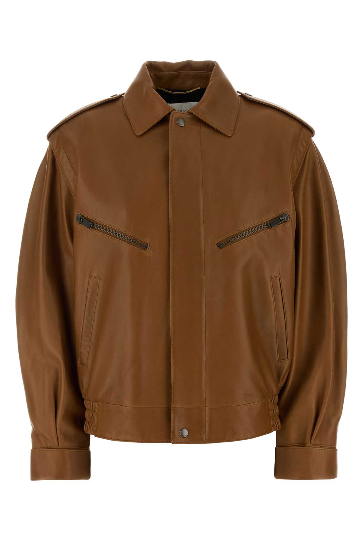 Saint Laurent Leather Jacket With Elasticated Hem And Long Sleeves In Brown