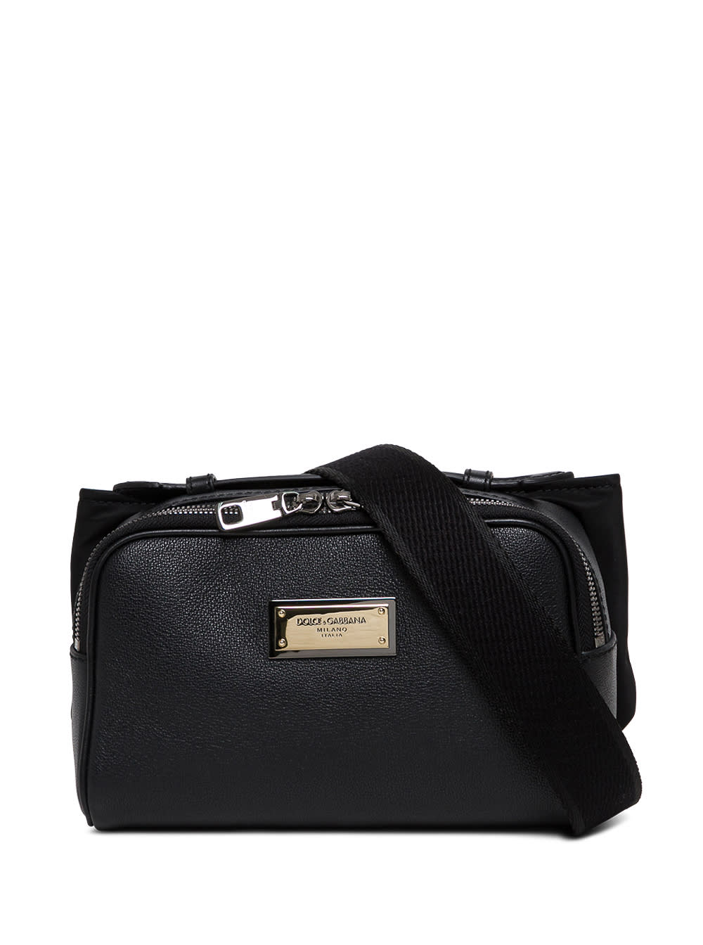 Dolce & Gabbana Black Leather And Nylon Belt Bag With Logo Plate
