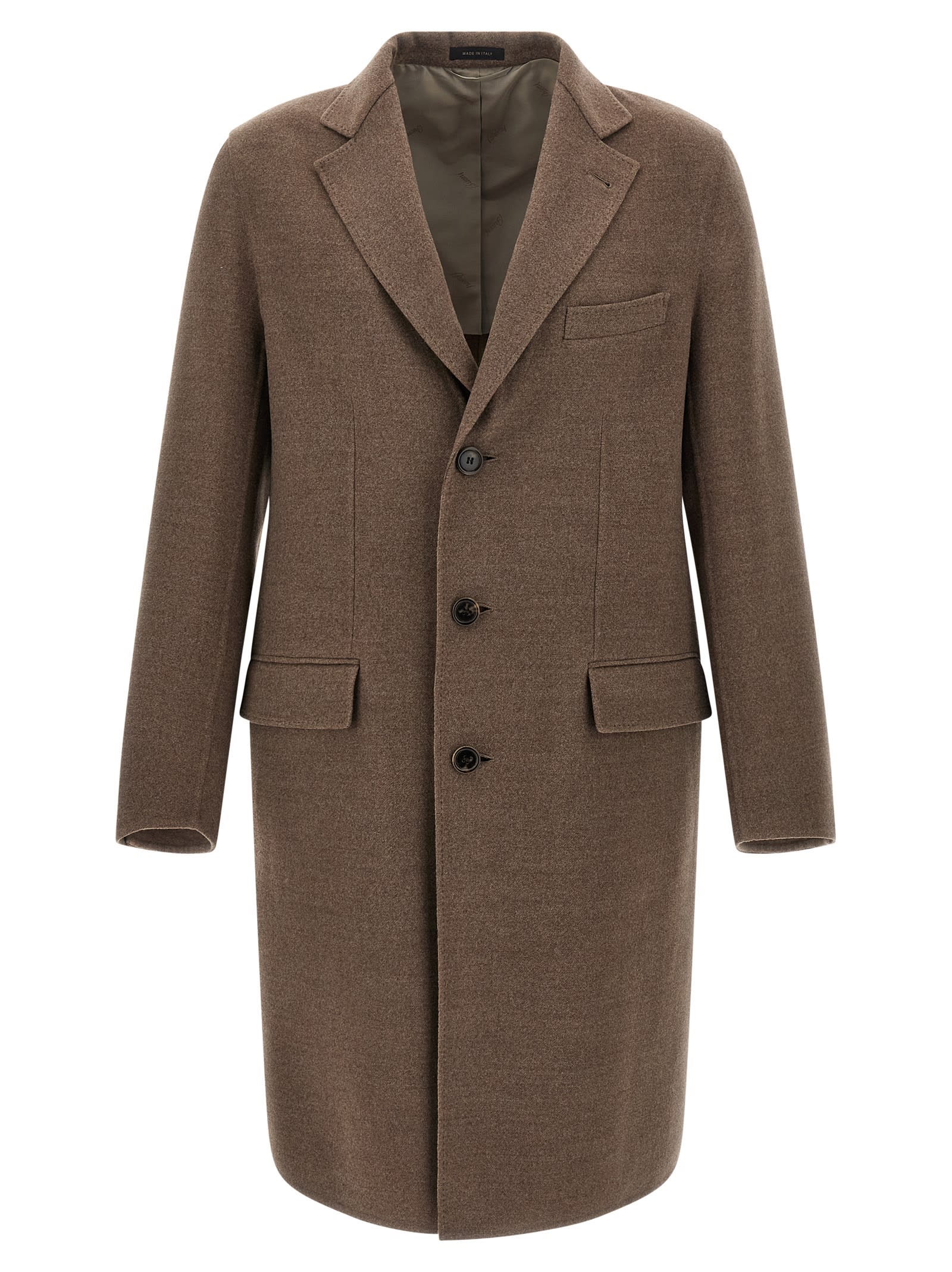 Brioni Notch Lapel Coat With Flap And Chest Pockets In Brown