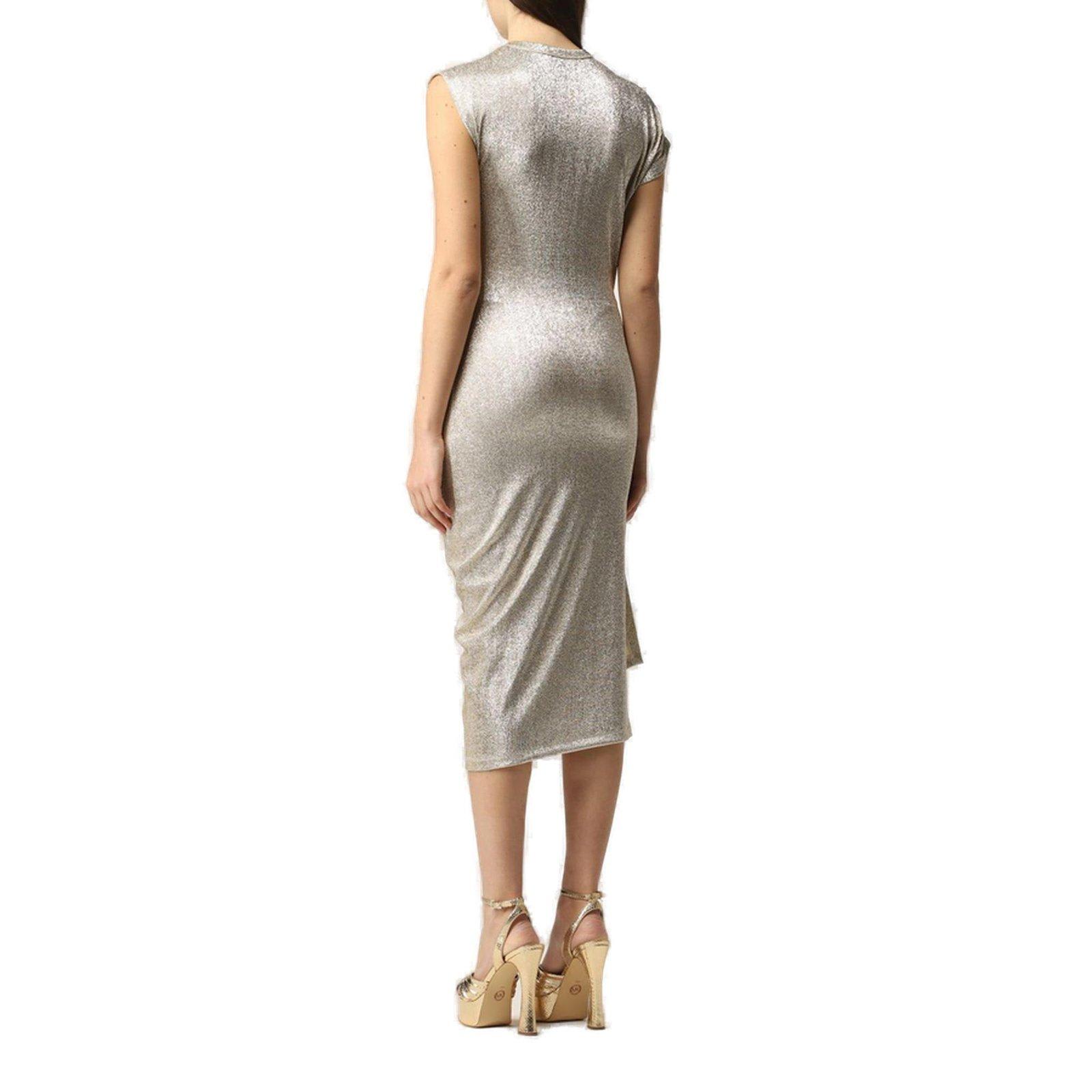 Shop Paco Rabanne Asymmetric Ruched Midi Dress In Silver Gold