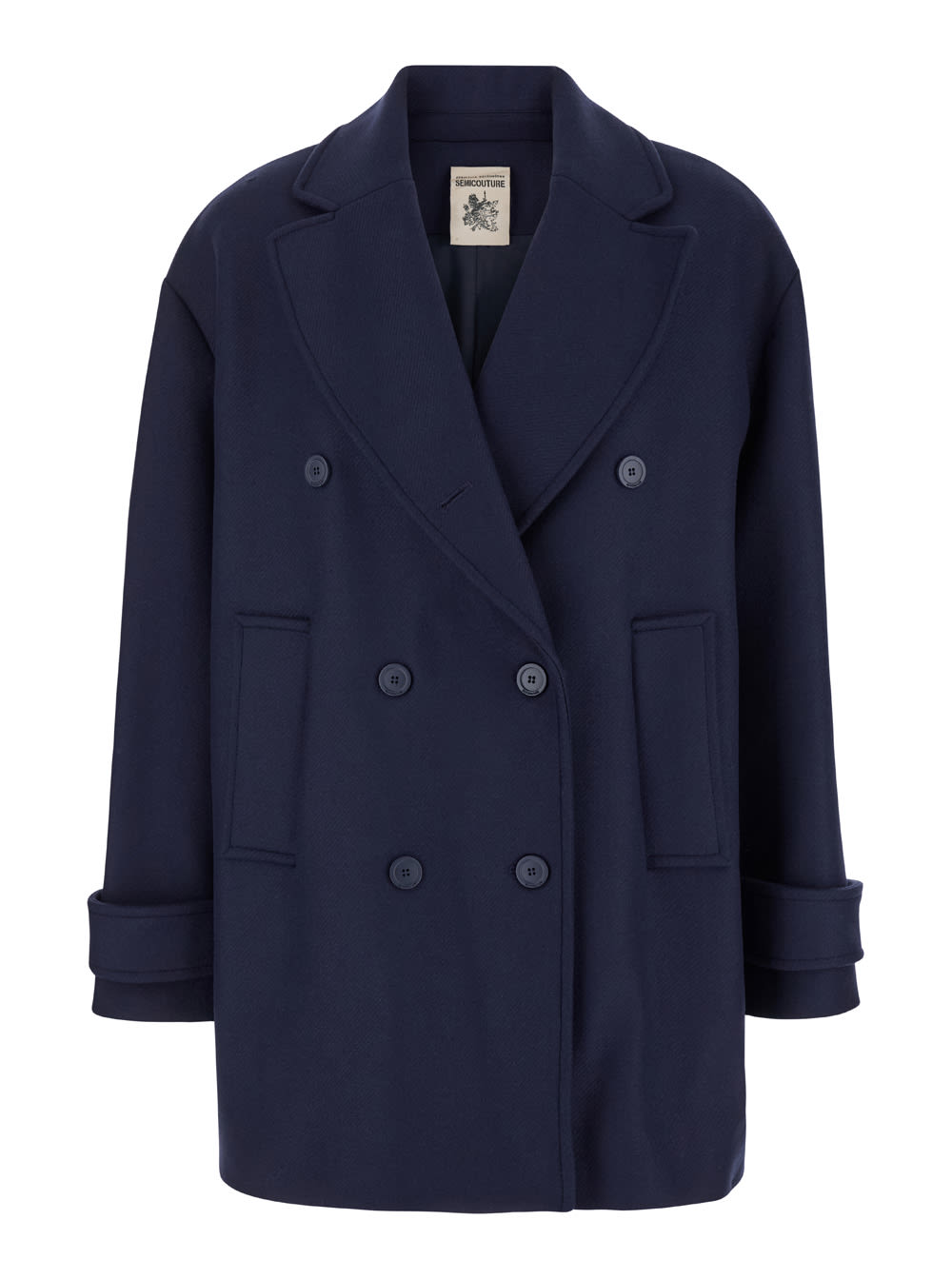 Shop Semicouture Blue Double-breasted Coat With Wide Revers In Heavy Fabic Woman