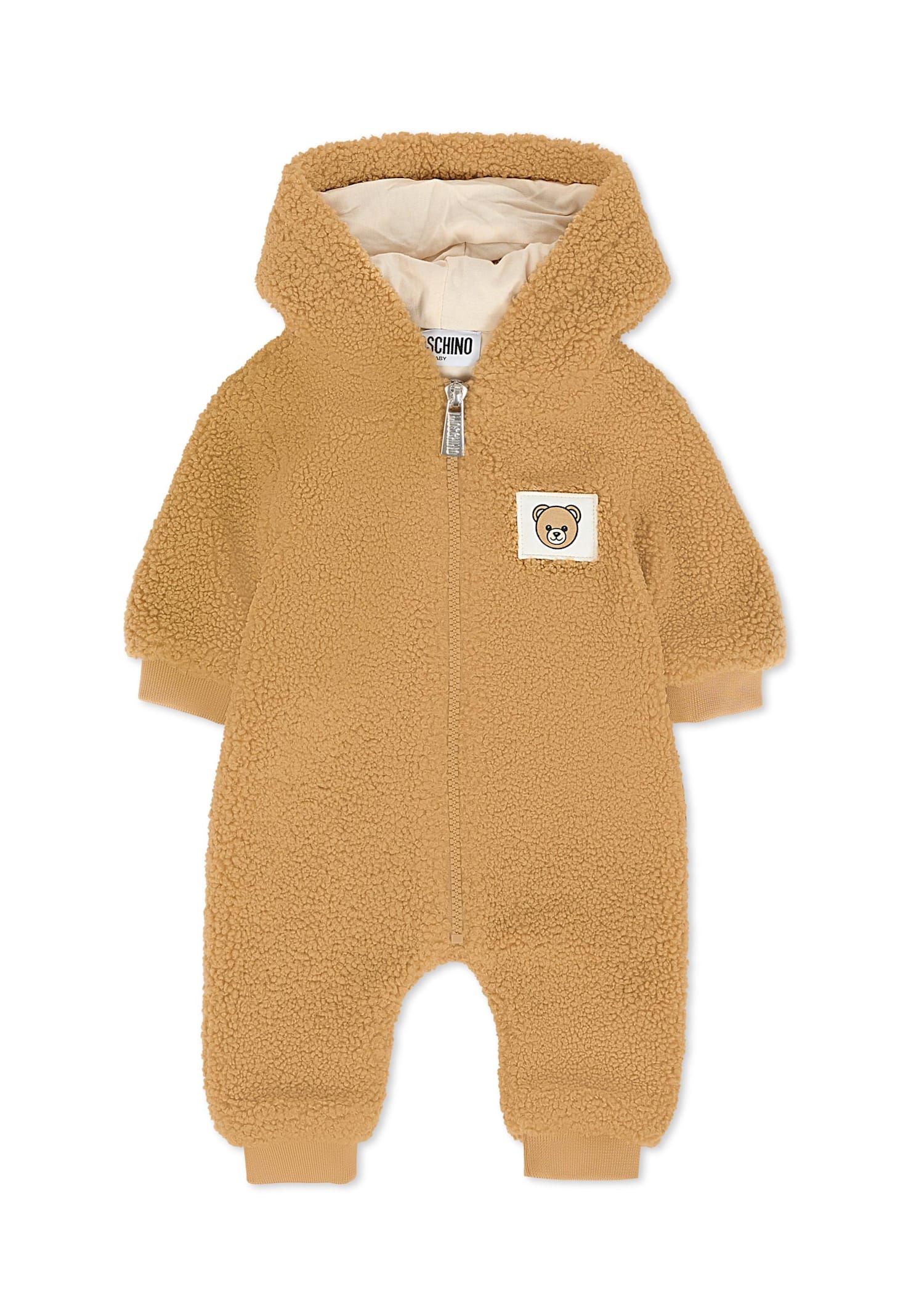 Moschino Brown Faux Fur Coat For Babykids With Teddy Bear In Brown