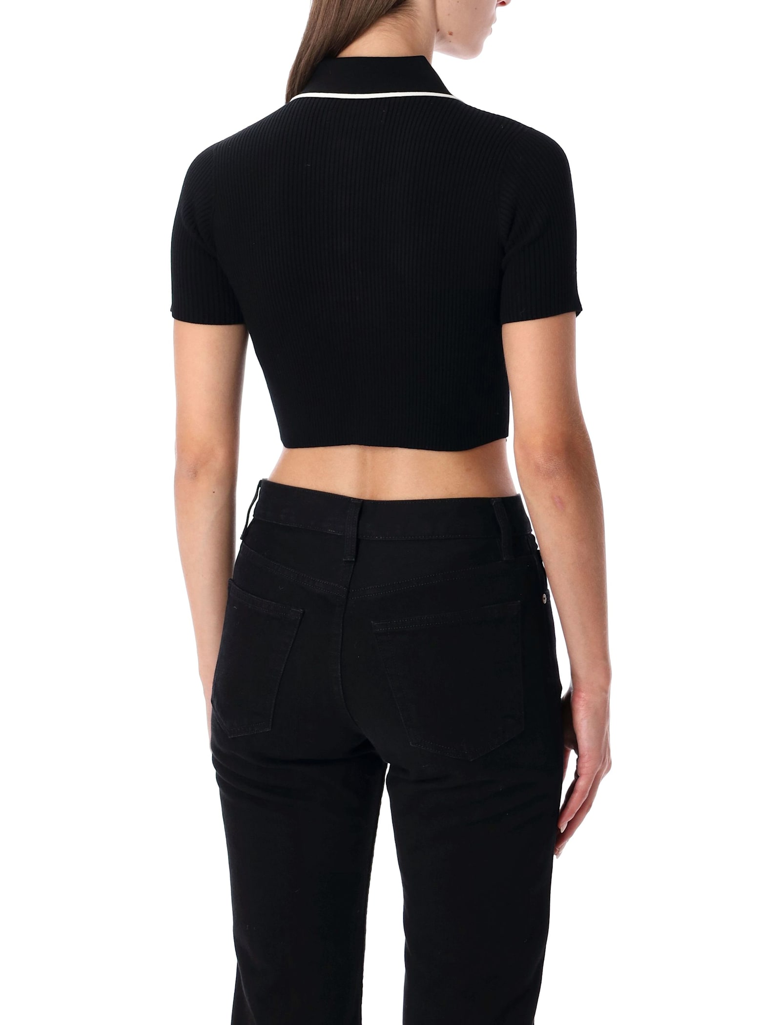 Amiri Cropped Polo Knit Top With Ribbed Texture In Black