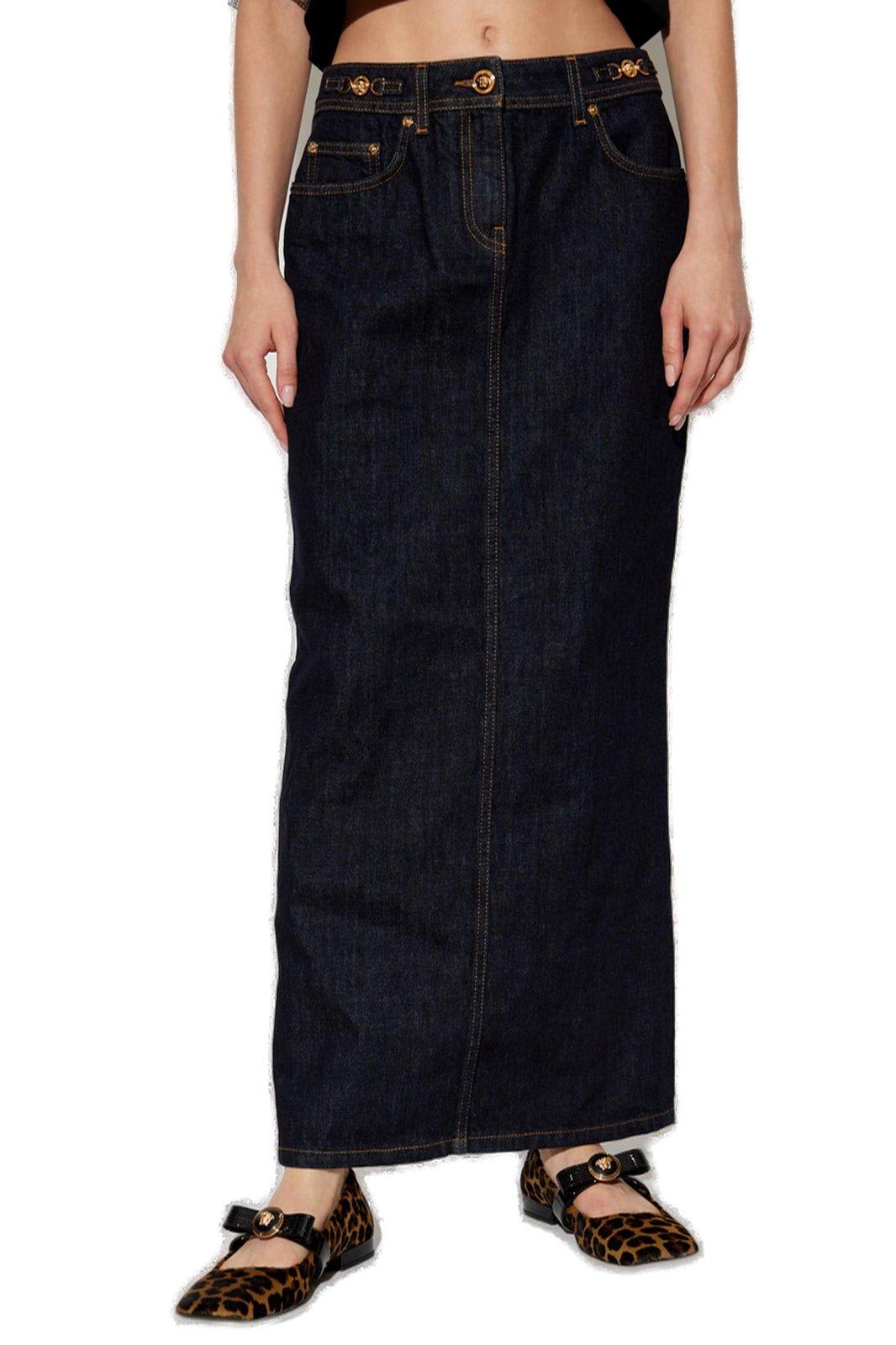 Shop Versace Medusa 95 High-waist Denim Skirt In Black