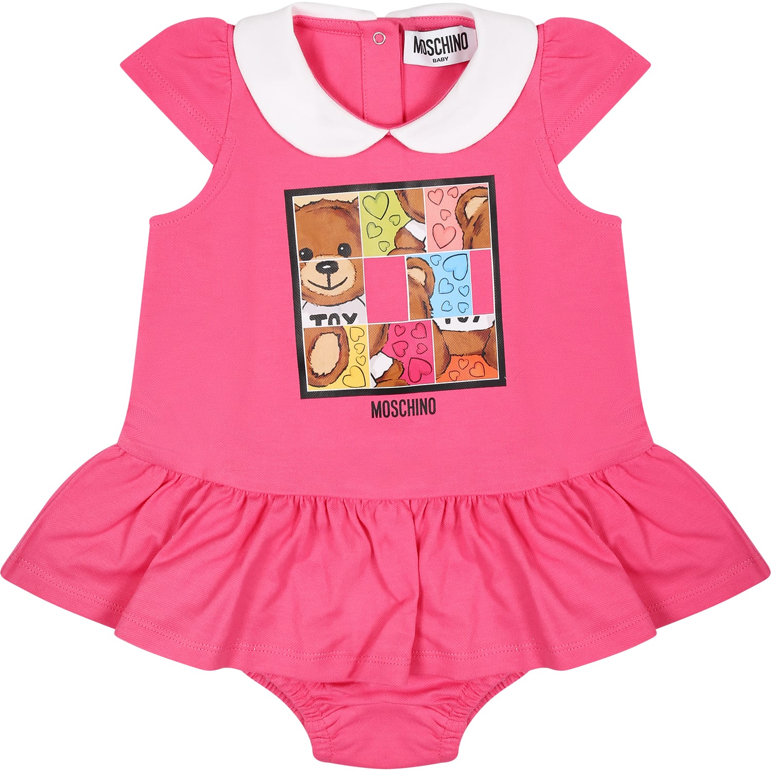 Moschino Kids' Fuchsia Dress For Baby Girl With Multicolor Teddy Bear