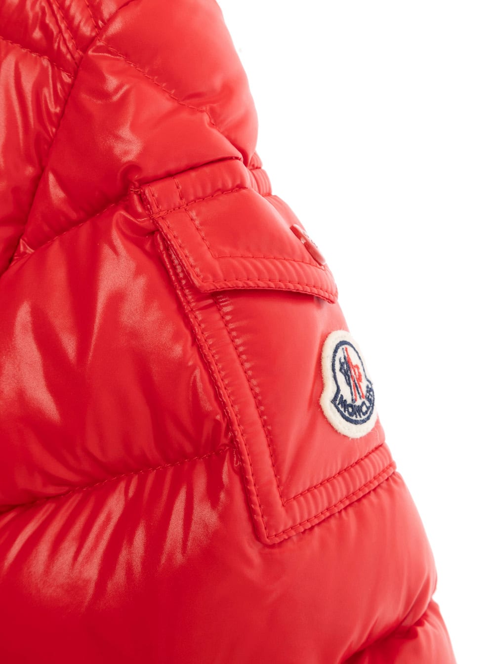 Moncler Maya Red Down Jacket With Hood And Logo Patch On The Sleeve In Tech Fabric Baby In Red