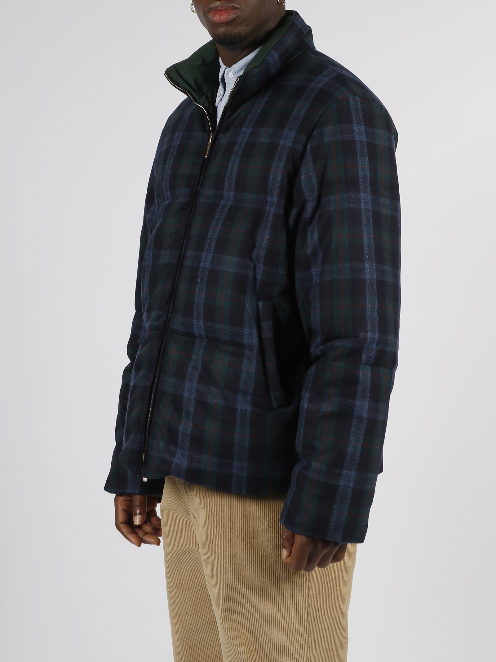 Thom Browne Wool Blend Check Reversible Puffer Jacket In Blue