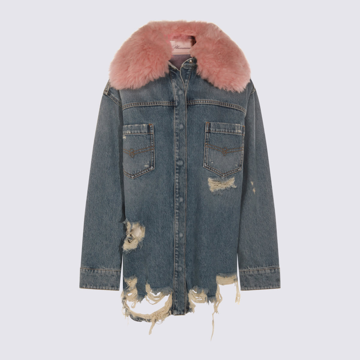 Blumarine Longline Jacket With Distressed Finish And Chest Pockets In Blue