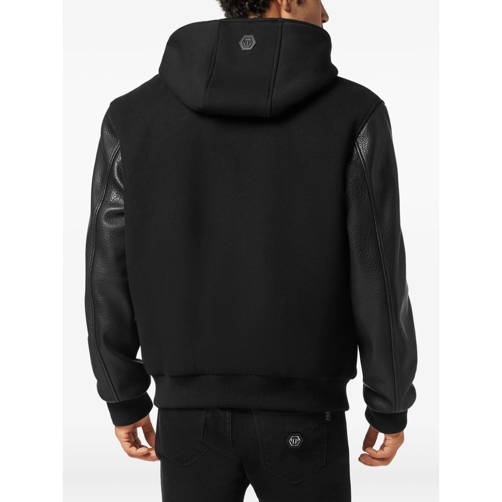 Philipp Plein Logo Bomber Jacket With Hood And Leather Sleeves In Black