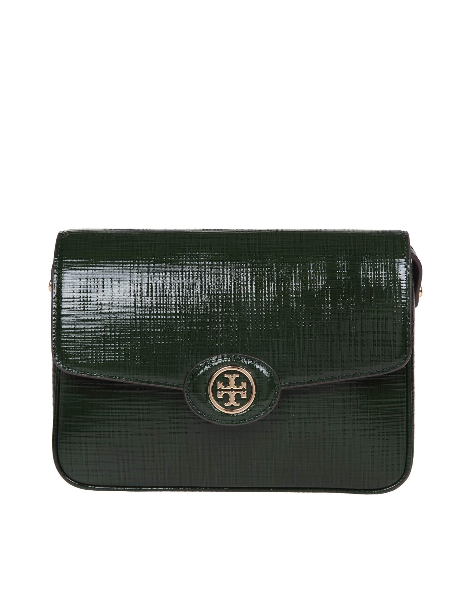 Shop Tory Burch Robinson Shoulder Bag In Embossed Leather In Green