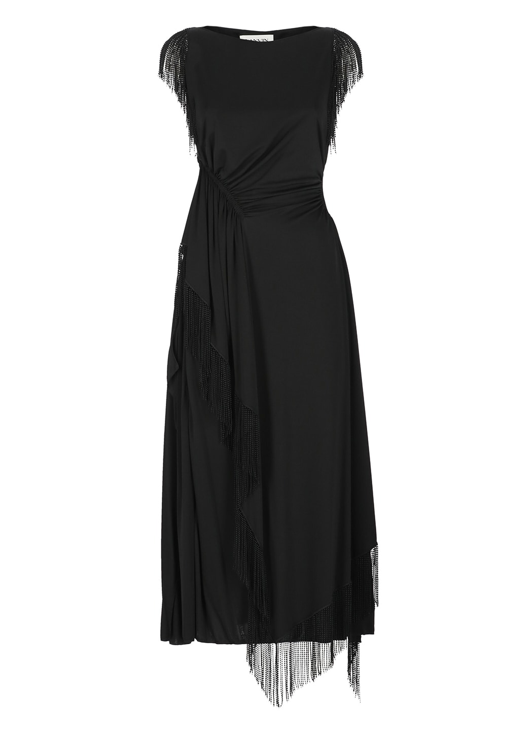 Shop Lanvin Long Dress With Fringes In Black