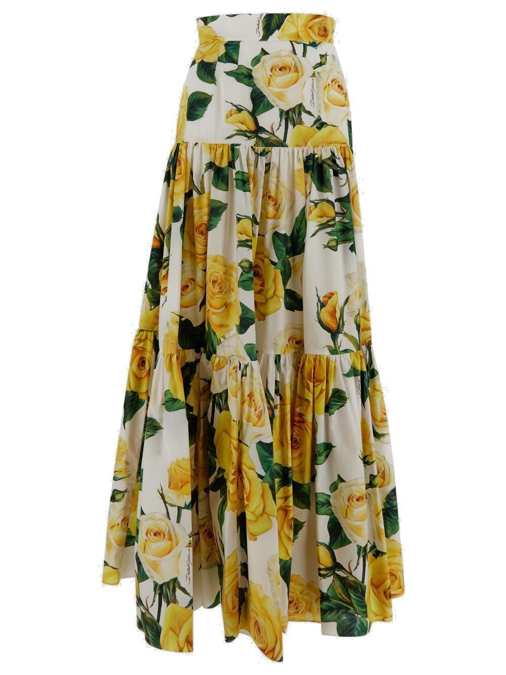 Shop Dolce & Gabbana Rose Printed Pleated Midi Skirt In Qd Rose Gialle Naturale