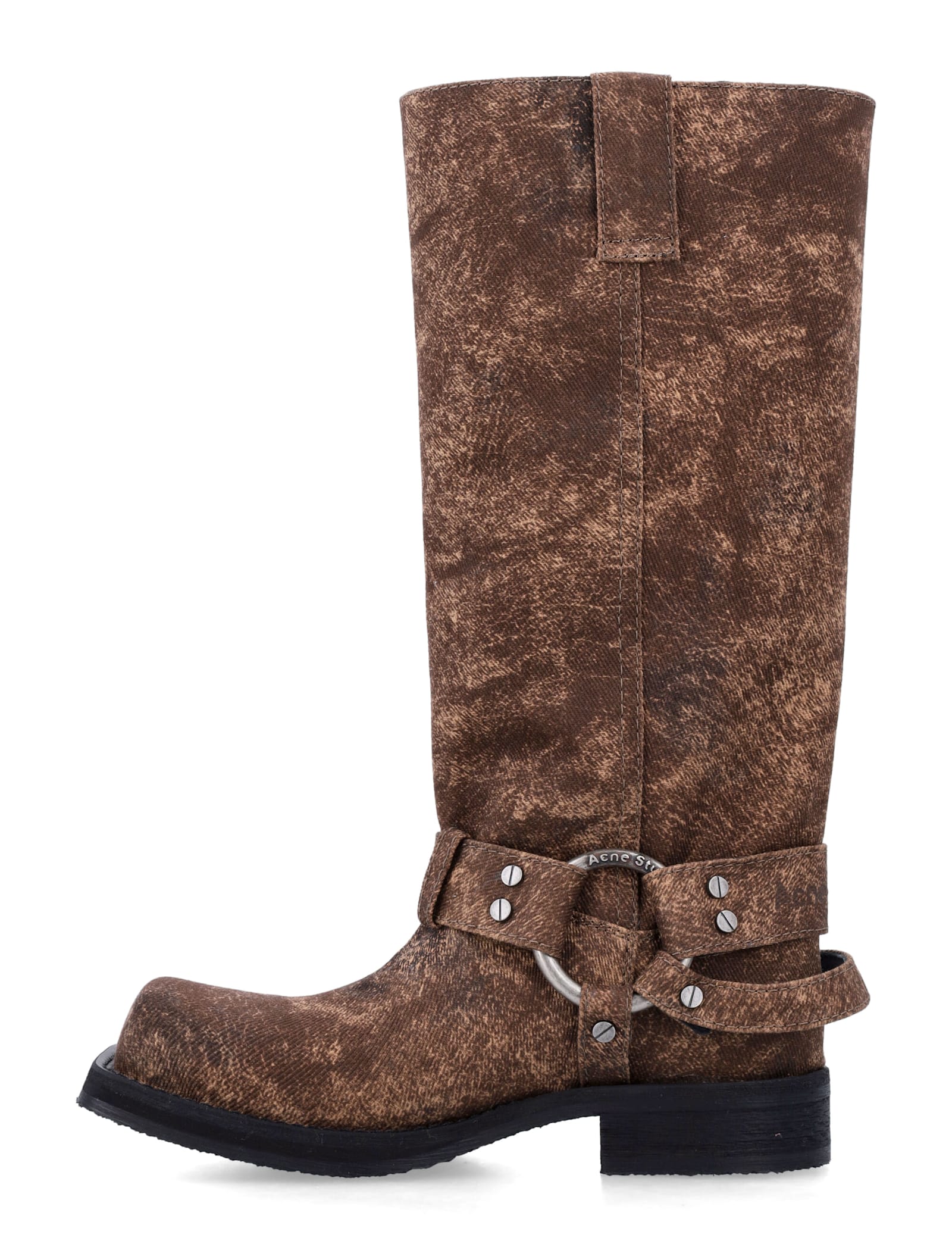 Acne Studios 35mm Balius Coated Denim Biker Boots In Rust Brown