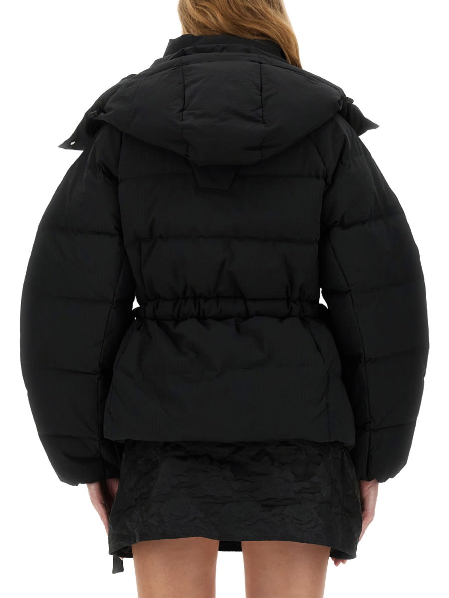 Ganni Oversized Seersucker Puffer Jacket With Removable Hood In Black