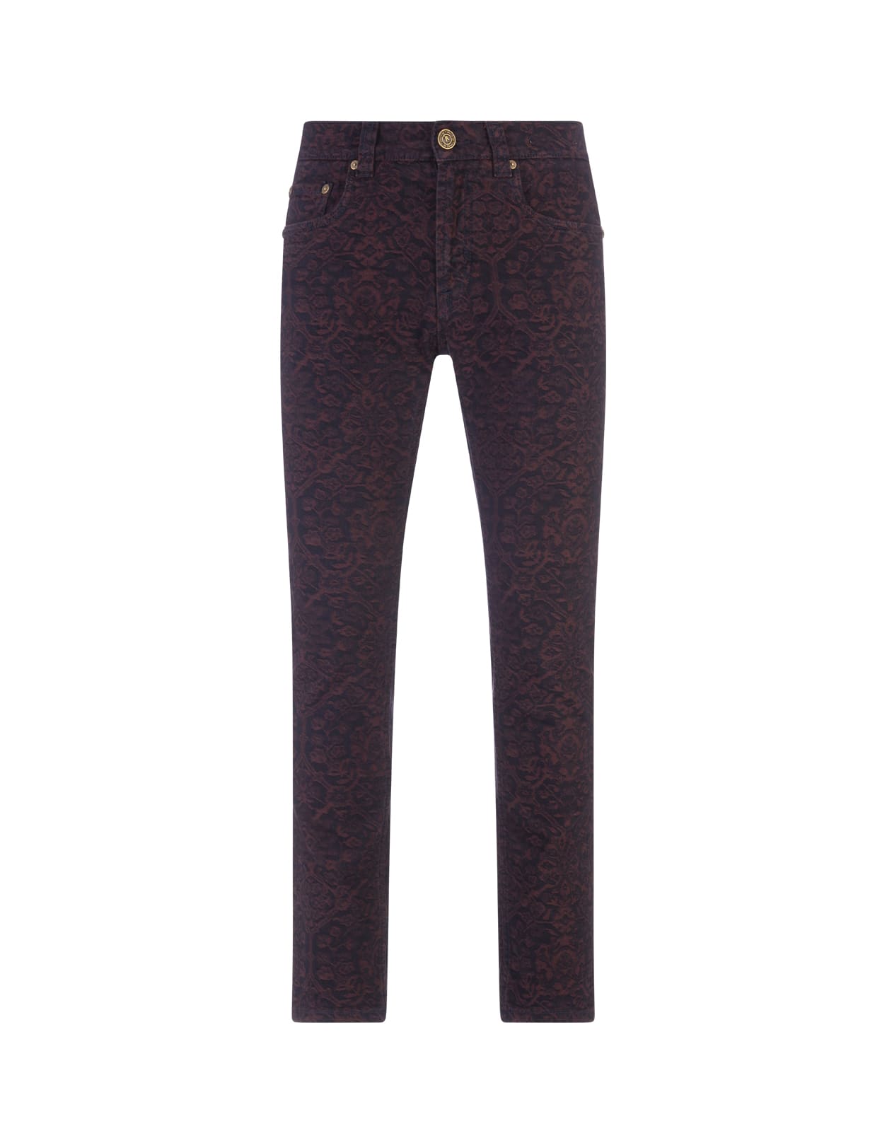 Etro Man Burgundy Jacquard Jeans With Carpet Motifs