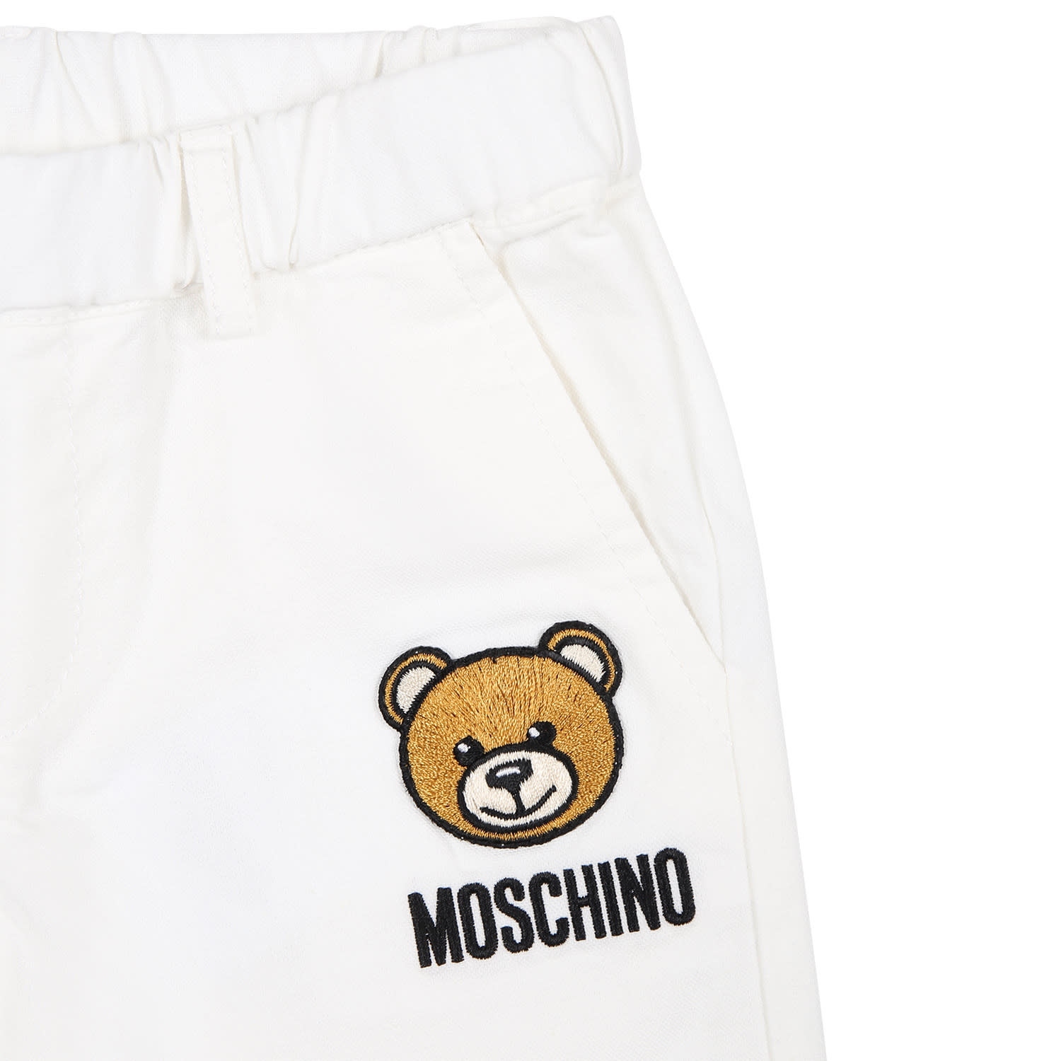 Shop Moschino White Trousers For Baby Boy With Teddy Bear And Logo