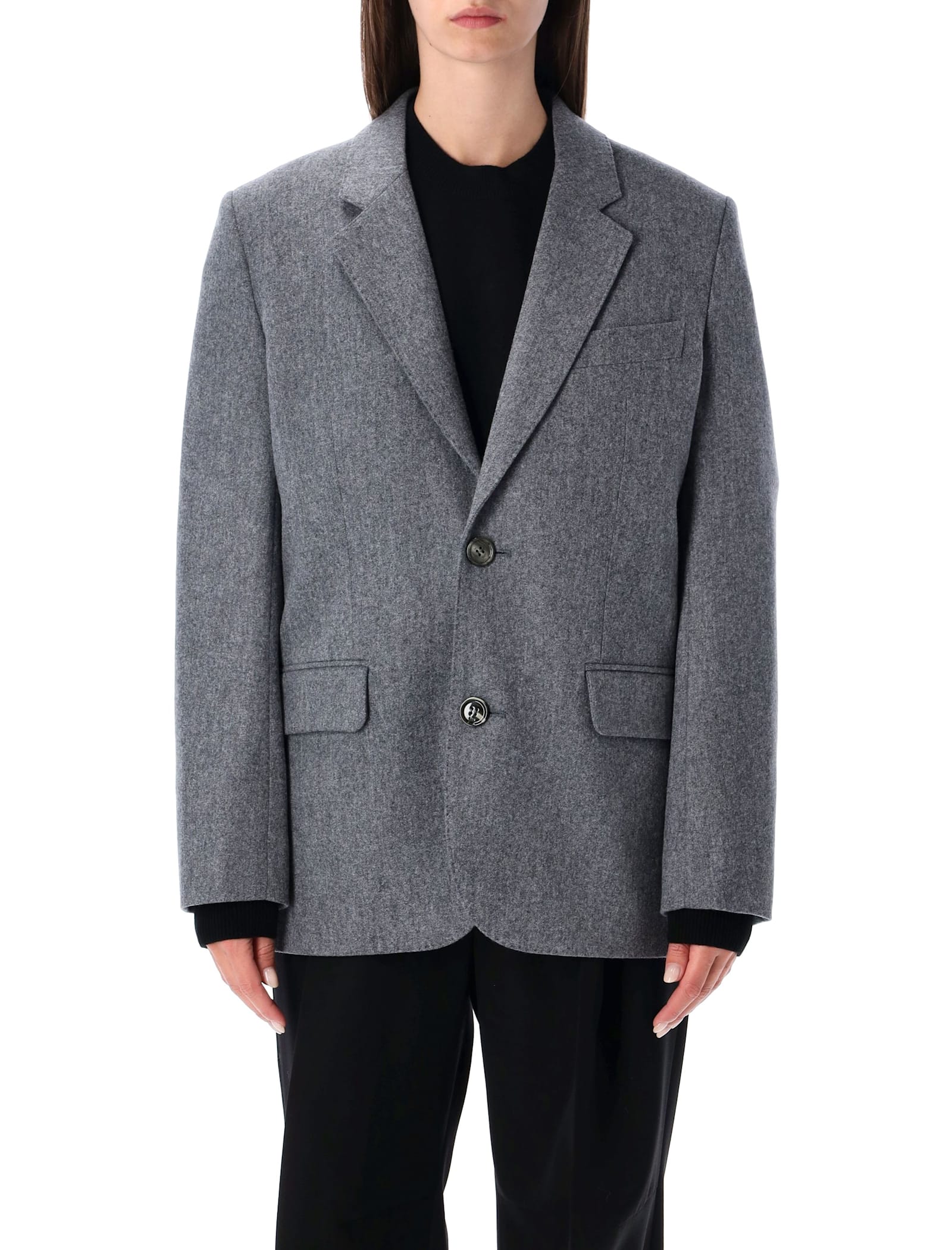 Ami Alexandre Mattiussi Grey Wool Flannel Loose-fit Single-breasted Jacket In Gray