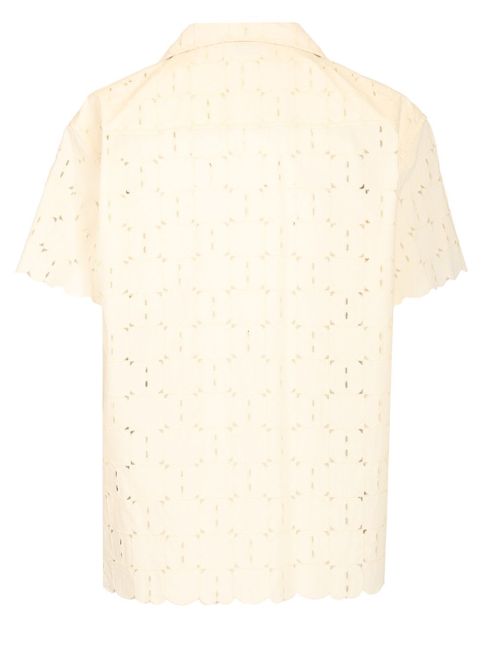 Moncler Short-sleeve Cotton Blend Shirt With Embroidered Design In White
