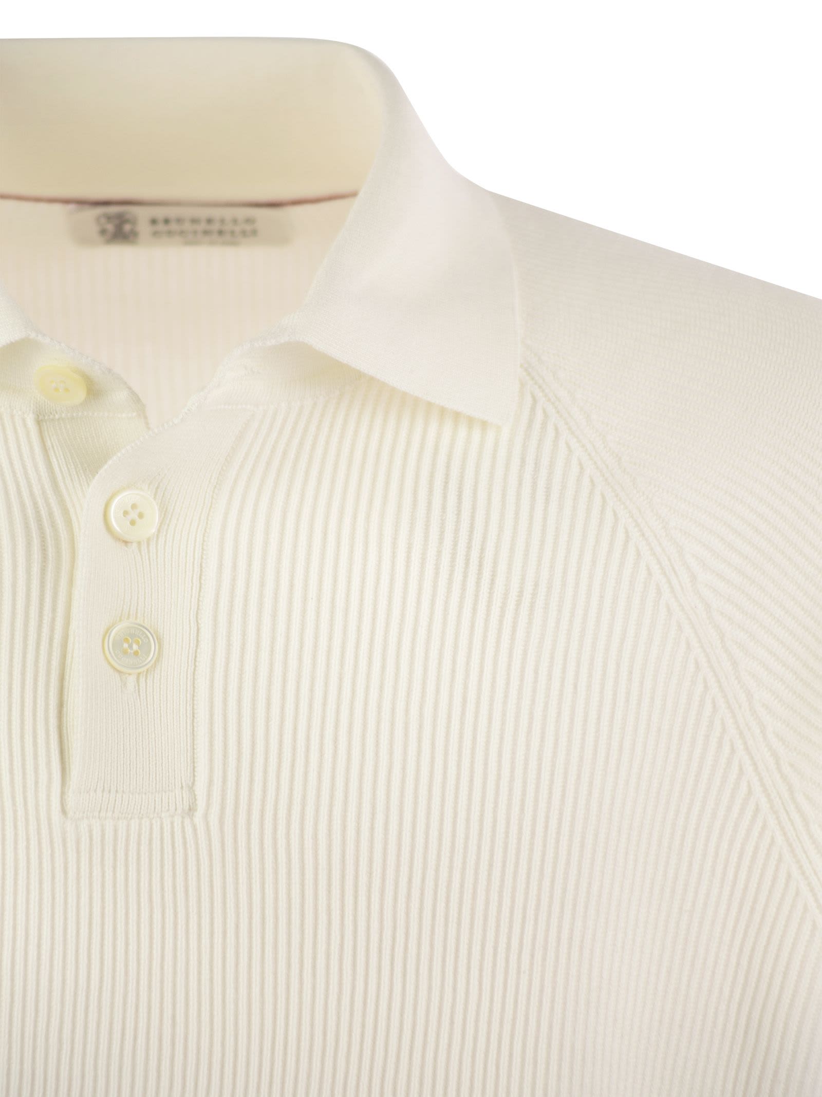 Shop Brunello Cucinelli Cotton Rib Knit Polo Shirt With Long Raglan Sleeve In Cream