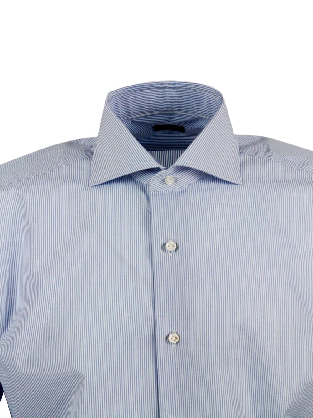 Shop Barba Napoli Slim Fit Shirt With Fine Stripes In Fine Stretch Cotton, Italian Collar, Hand-sewn Black Label And M In Bianco - Celeste