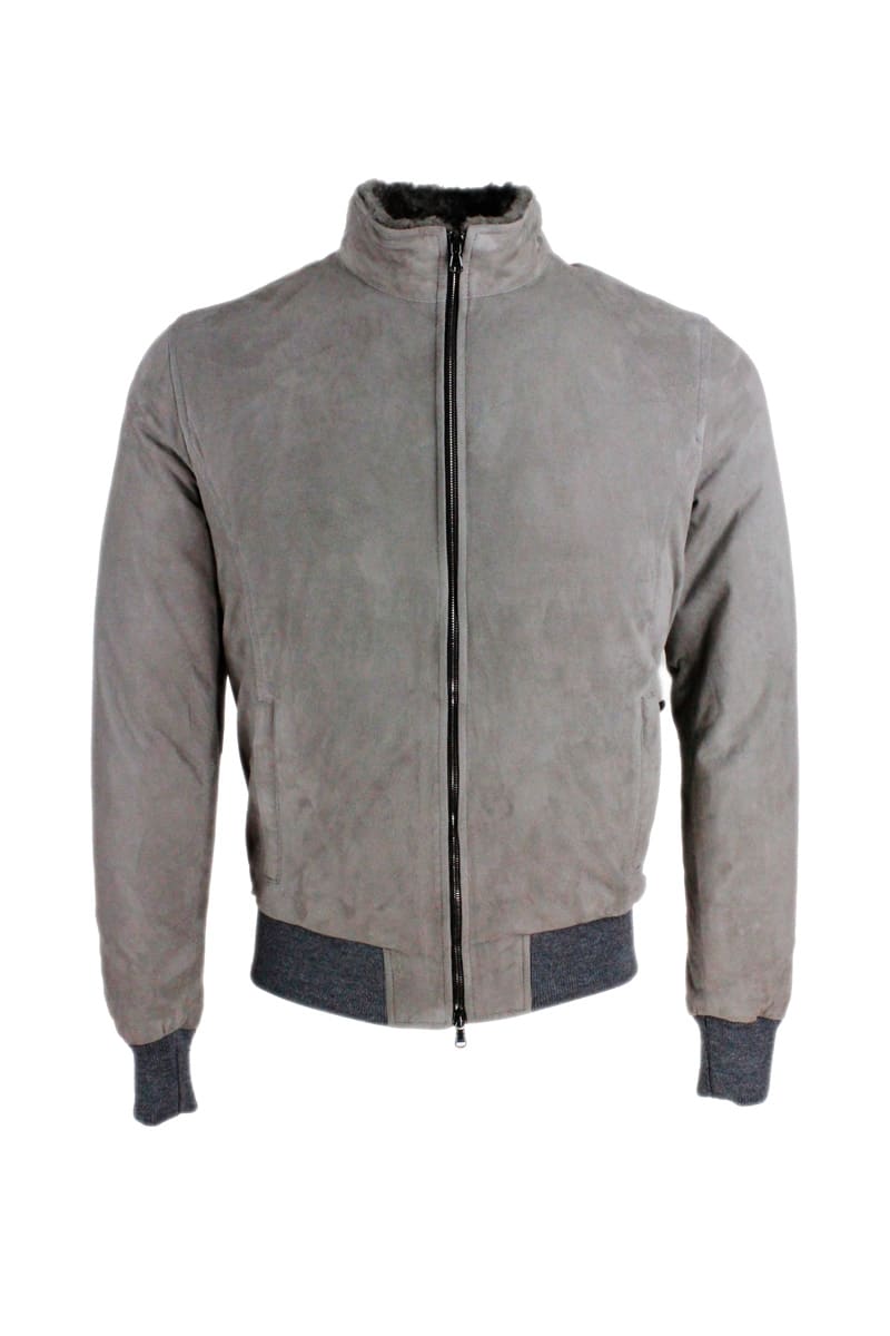 Barba Napoli Suede Bomber Jacket With Padded Interior With Shearling Collar And Zip Closure. Knitted Edging