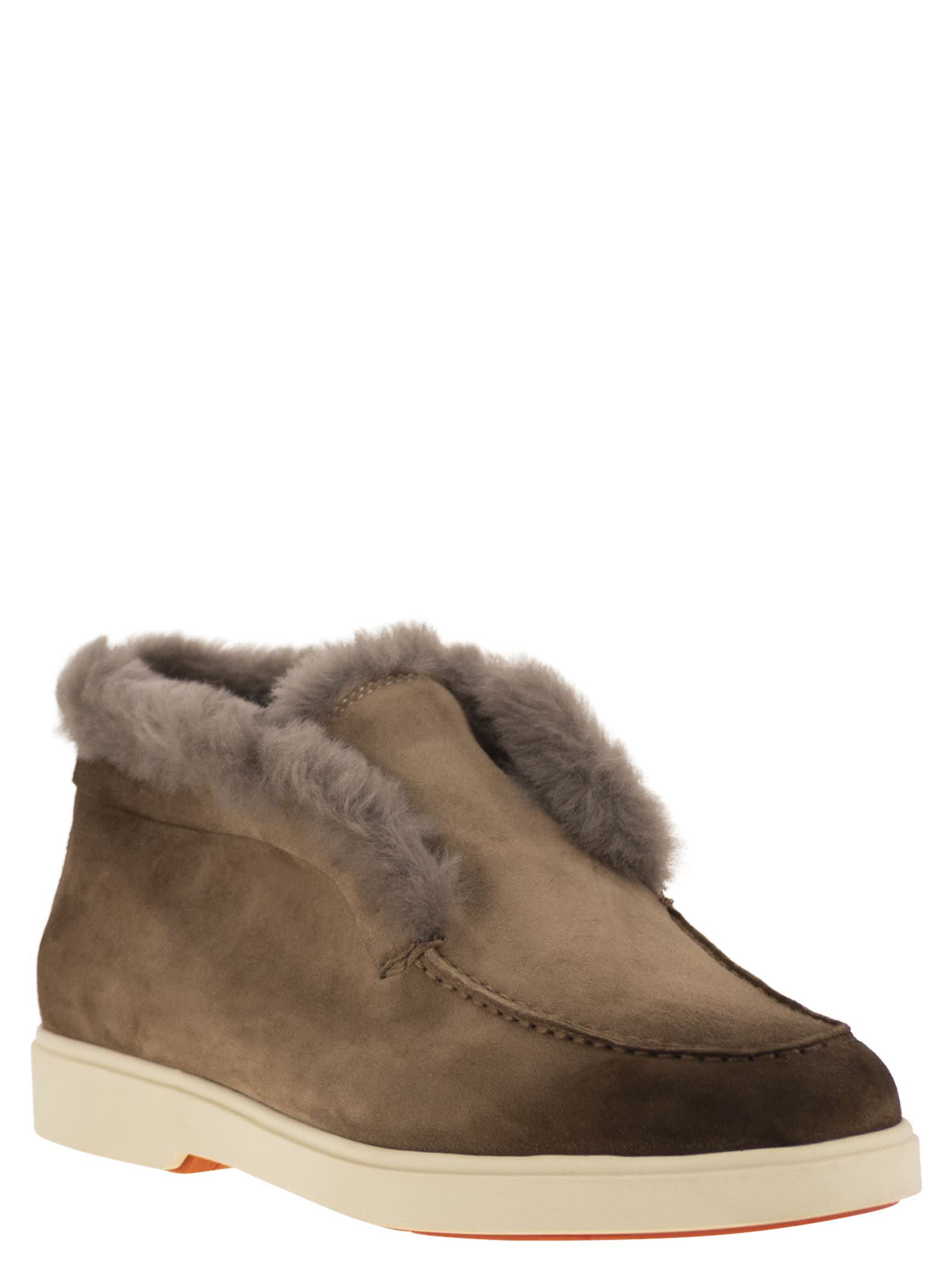 Santoni Suede And Fur Desert Boot In Brown