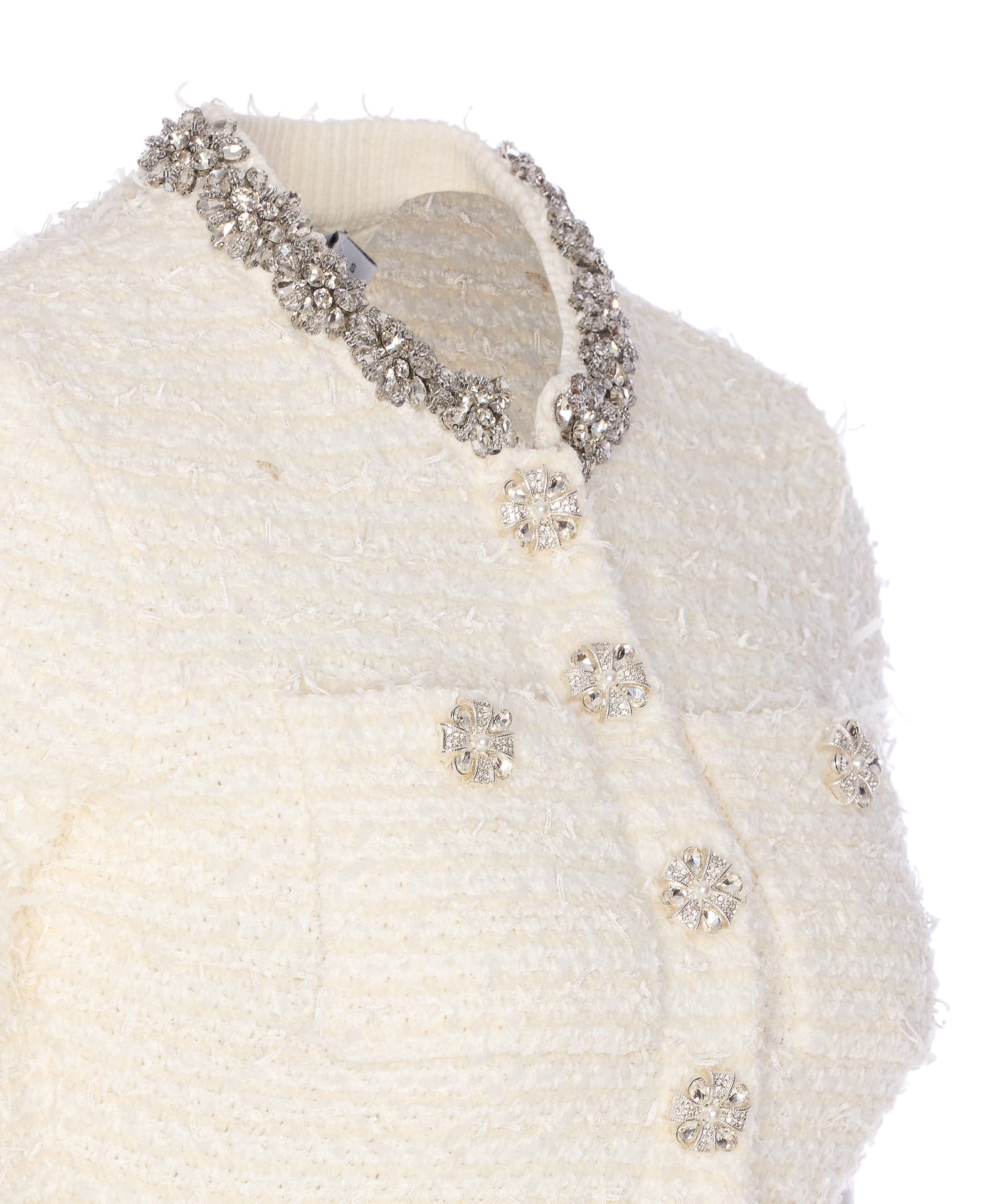 Self-portrait Mini Dress With Knit Tweed Texture And Crystal Accents In White