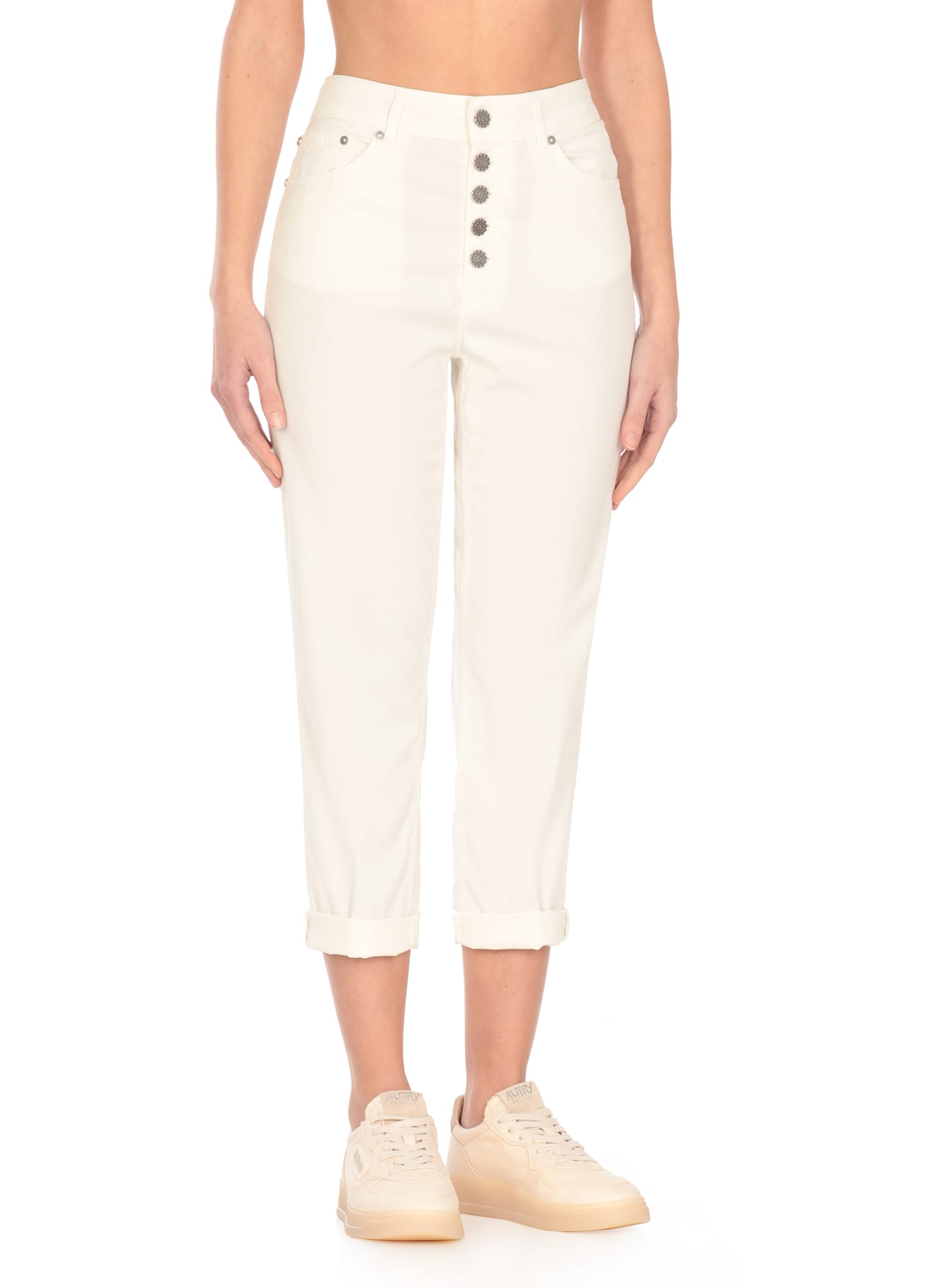 Dondup Cropped Cotton-blend Denim Jeans With Button Detailing In Ivory